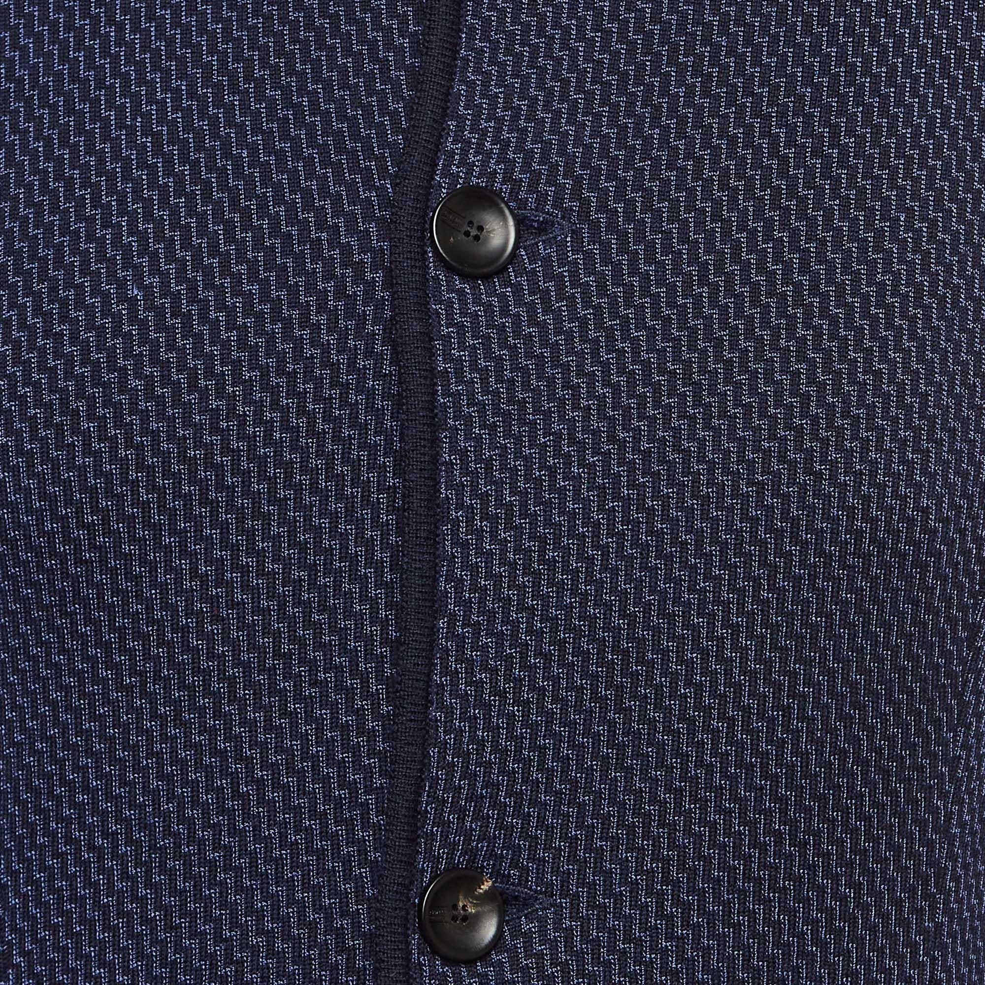Armani Collezioni Navy Blue Patterned Wool Blend Buttoned Jacket L In Good Condition For Sale In Dubai, Al Qouz 2