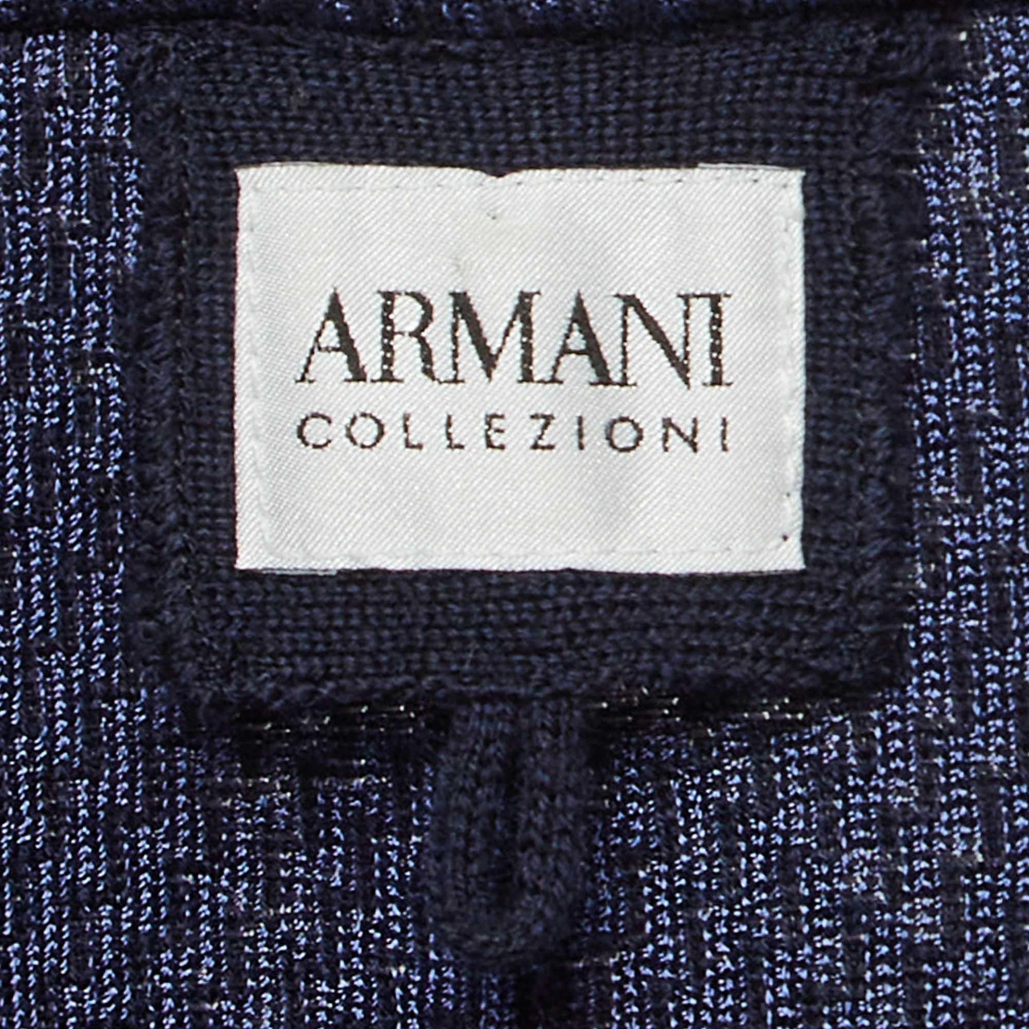 Armani Collezioni Navy Blue Patterned Wool Blend Buttoned Jacket L For Sale 2