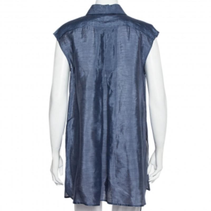 Gray Armani Collezioni Navy Blue Striped Linen & Silk Sleeveless Long Shirt M For Sale