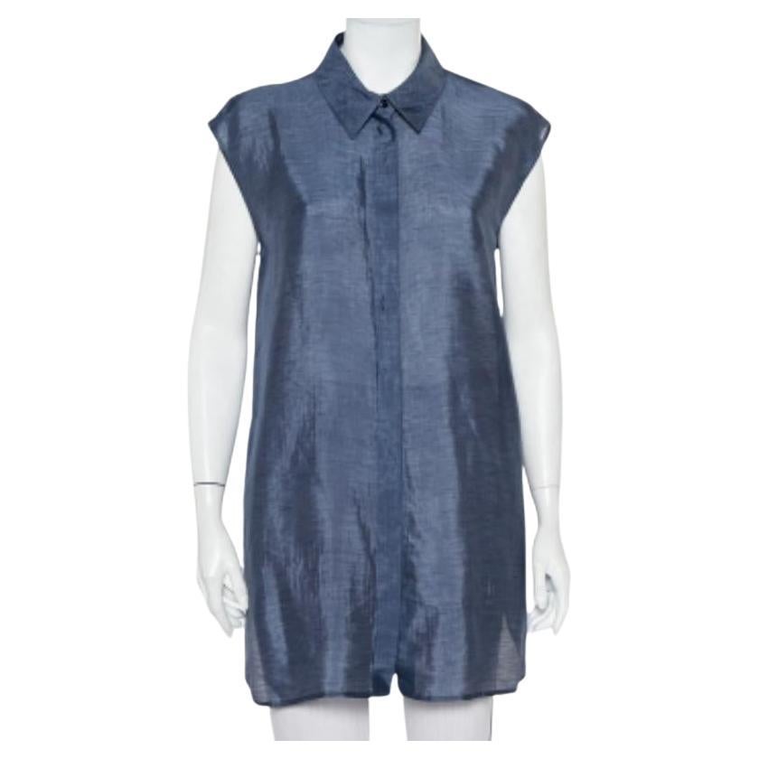 Armani Collezioni Navy Blue Striped Linen & Silk Sleeveless Long Shirt M For Sale