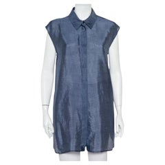 Armani Collezioni Navy Blue Striped Linen & Silk Sleeveless Long Shirt M