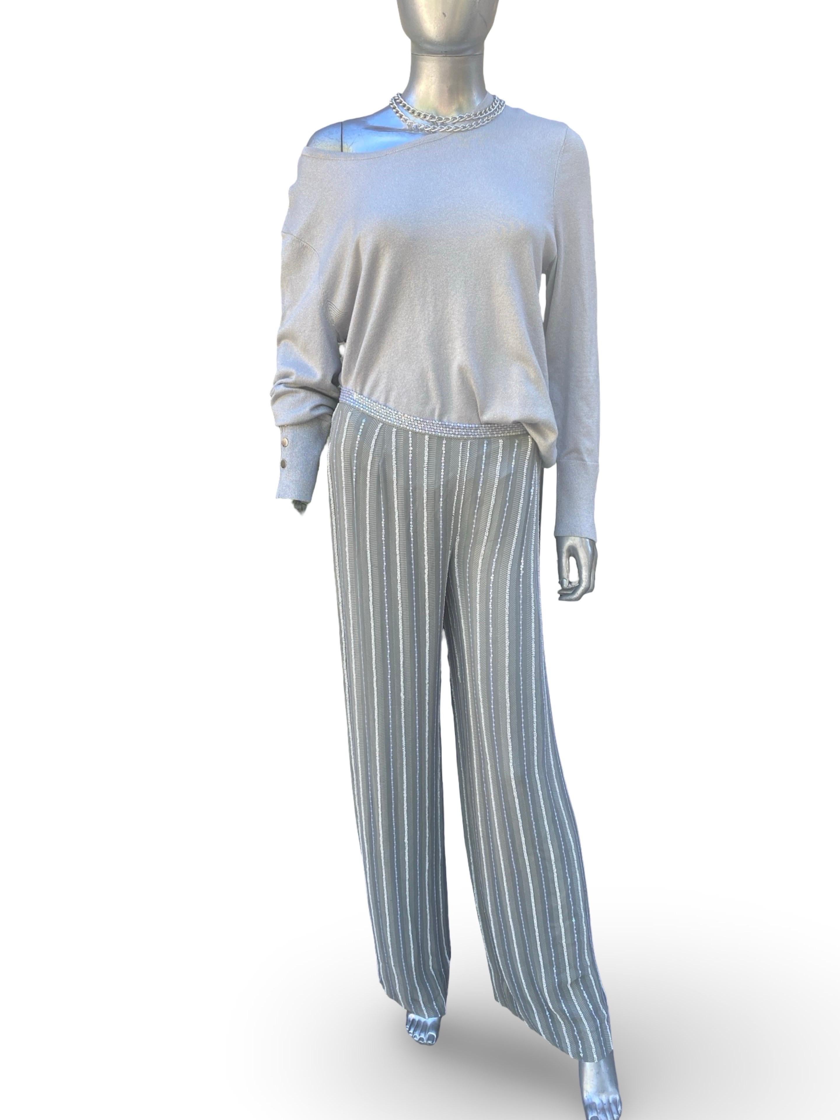 Armani Collezioni NWT Pantaloni a righe argento con perline e top in maglia lurex taglia 8 in vendita 4