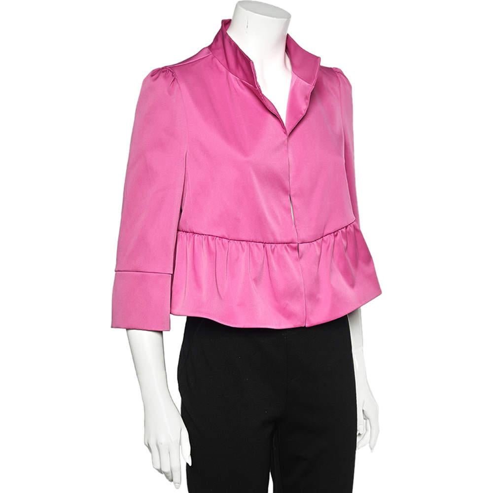Armani Collezioni Pink Sateen Ruffled Cropped Jacket L In Excellent Condition For Sale In Dubai, Al Qouz 2