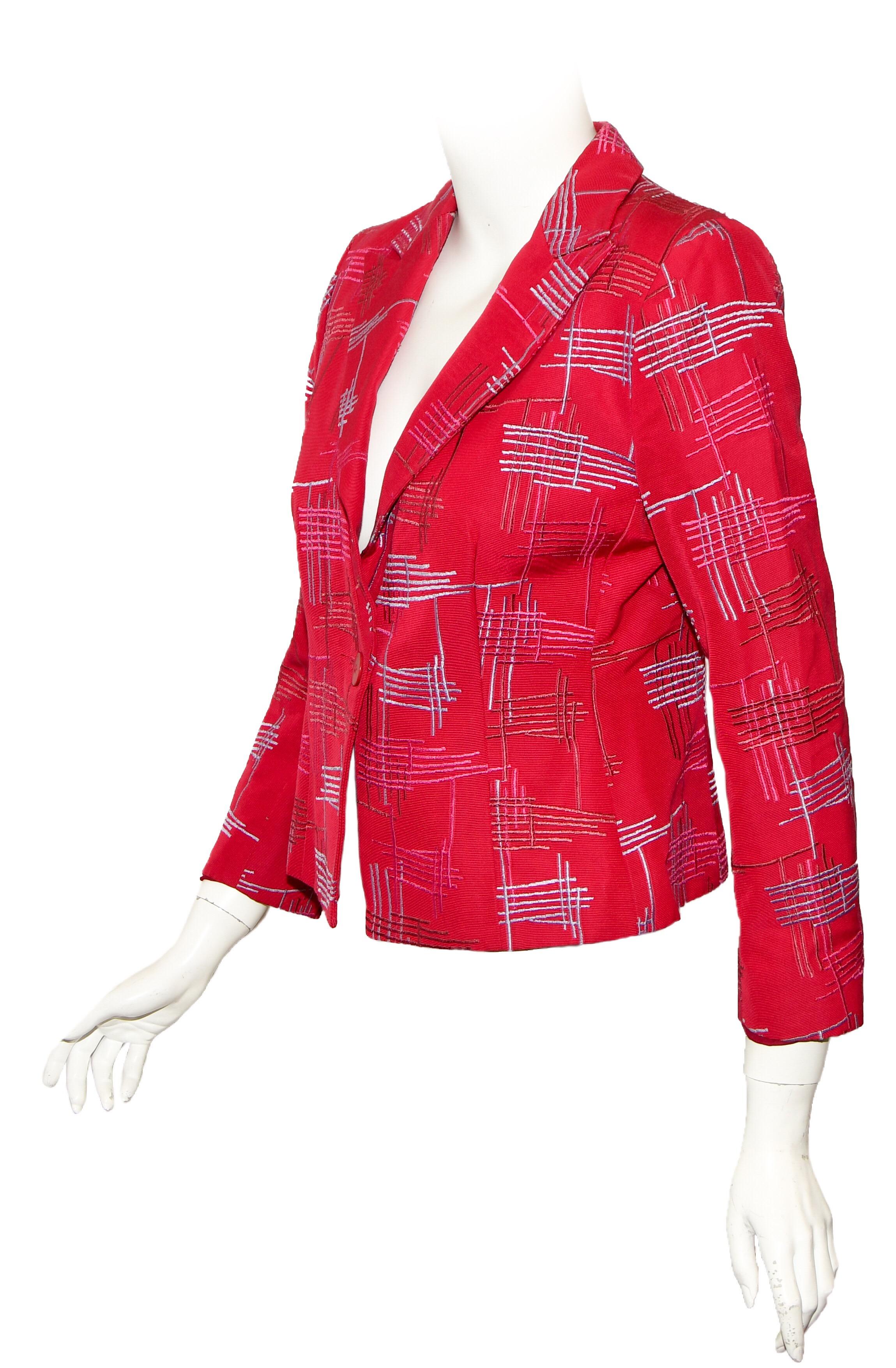 Armani Collezioni red cropped cotton grosgrain embroidered jacket features pink and lavender abstract line design.  Single rear vent and single button closure.  jacket is fully lined in deep pink viscose fabric.  Excellent Condition.  Made in Italy.