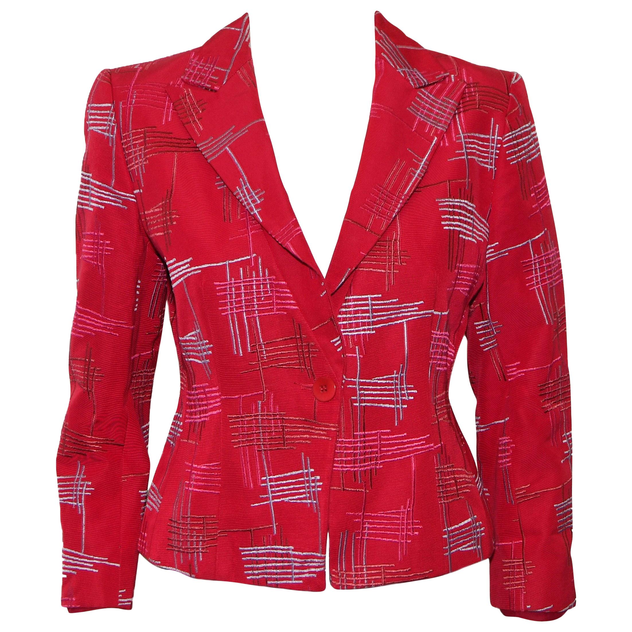 Armani Collezioni Red Cropped Grosgrain Embroidered Multicolor Jacket Size 8 US For Sale