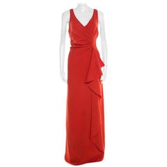 Armani Collezioni Rotes gerafftes ärmelloses Maxikleid L