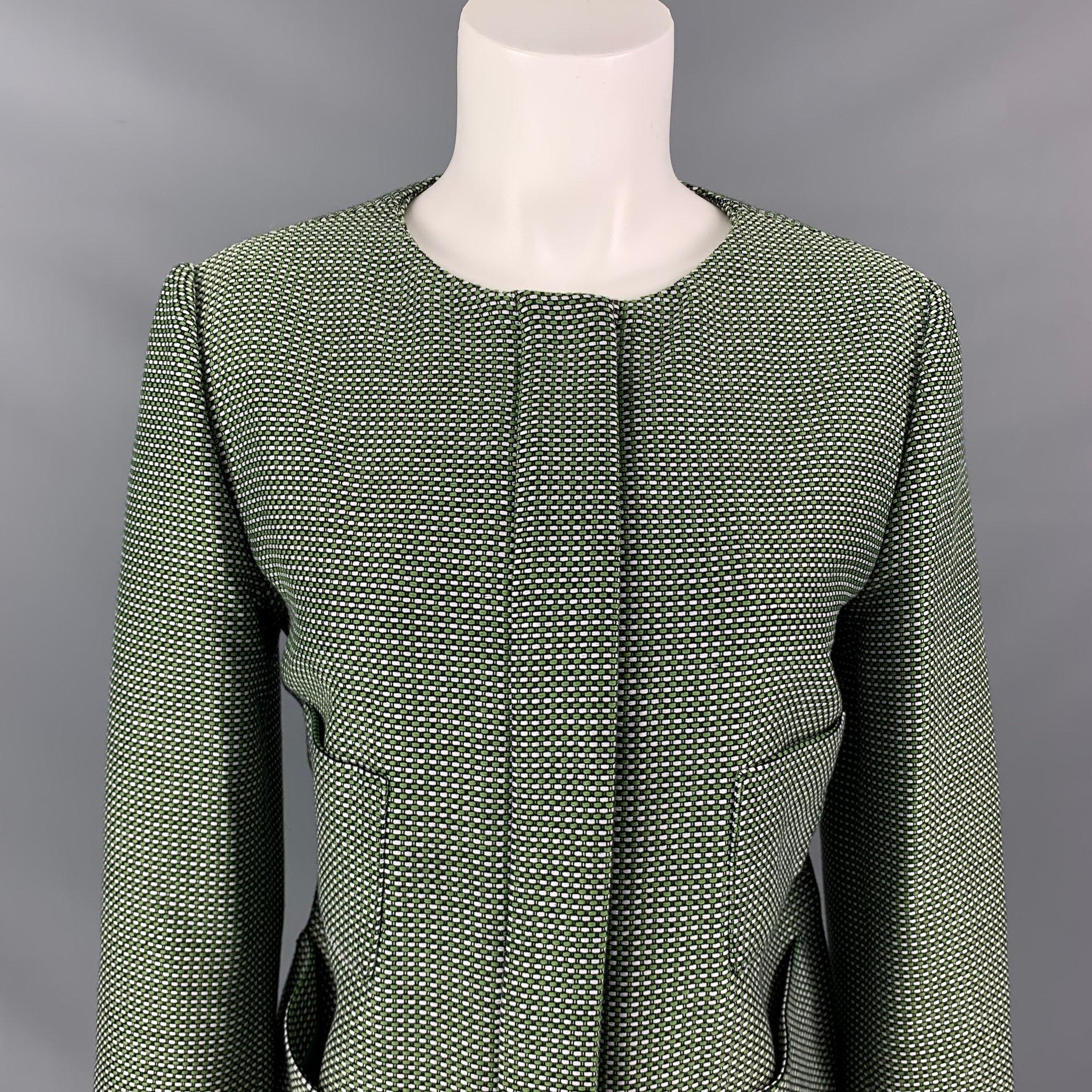 ARMANI COLLEZIONI jacket comes in a green & white woven cotton / polyester featuring a collarless style, patch pockets, and a hidden zip up closure. New With Tags.  
 

 Marked:  12 
 

 Measurements: 
  
 Shoulder: 16 inches Bust: 42 inches Sleeve:
