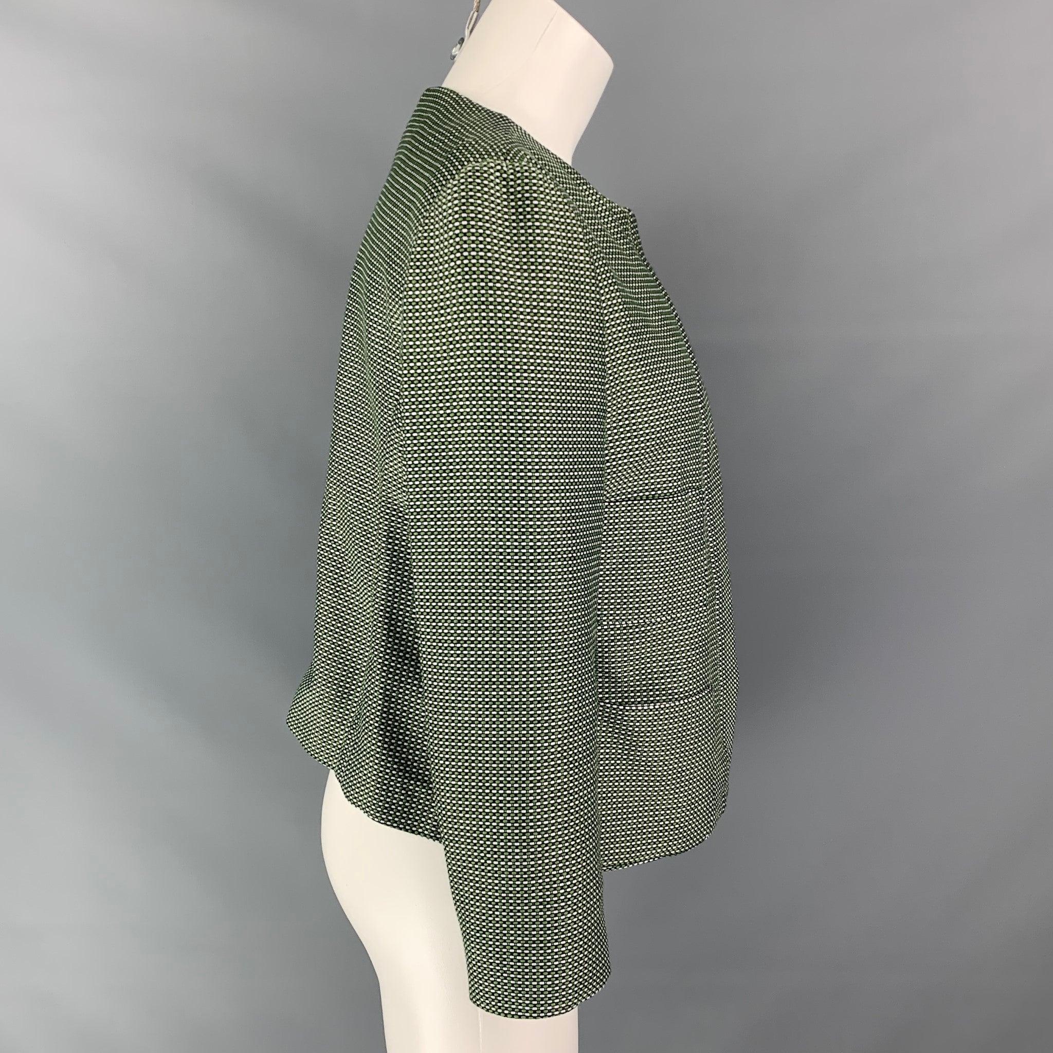 Black ARMANI COLLEZIONI Size 12 Green & White Woven Textured Cotton / Polyester Jacket
