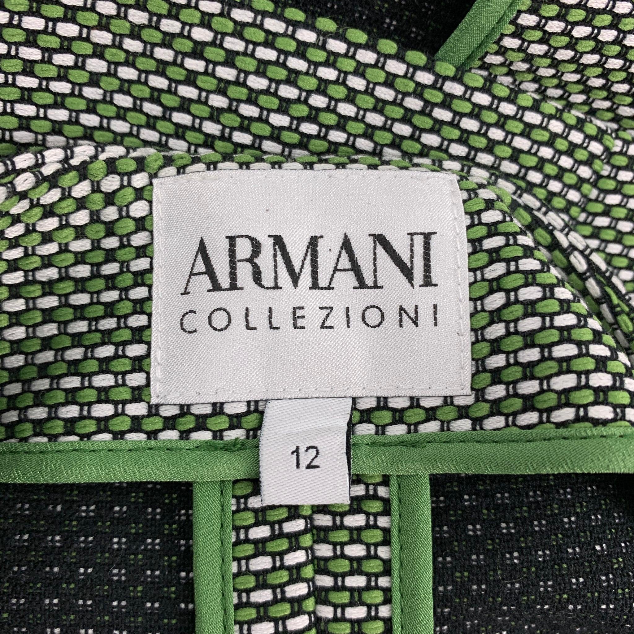 ARMANI COLLEZIONI Size 12 Green & White Woven Textured Cotton / Polyester Jacket 2