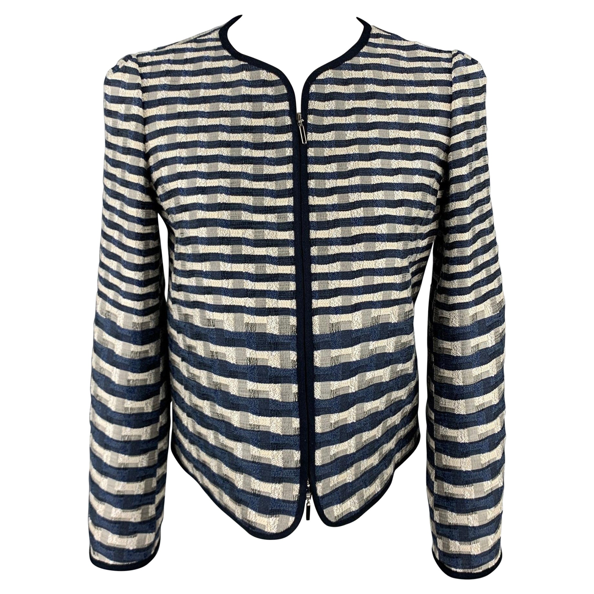 ARMANI COLLEZIONI Größe 2 Marineblaue & weiße Jacquard-Jacke
