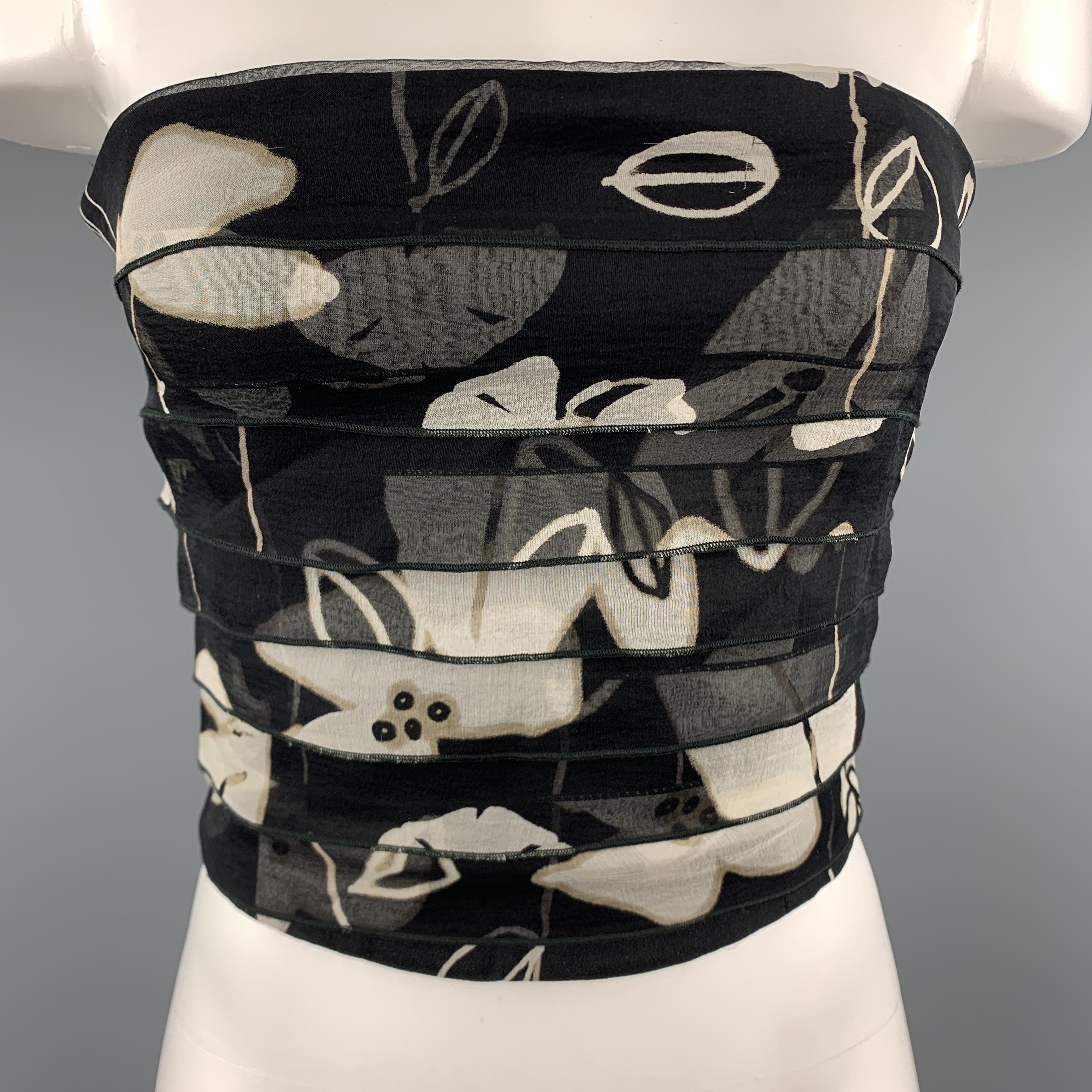 ARMANI COLLEZIONI strapless tube top shell comes in black crepe with black and beige floral print silk layered chiffon overlay. Made in Italy.

Excellent Pre-Owned Condition.
Marked: IT 40

Measurements:

Bust: 32 in.
Waist: 28 in.
Length: 11 in.