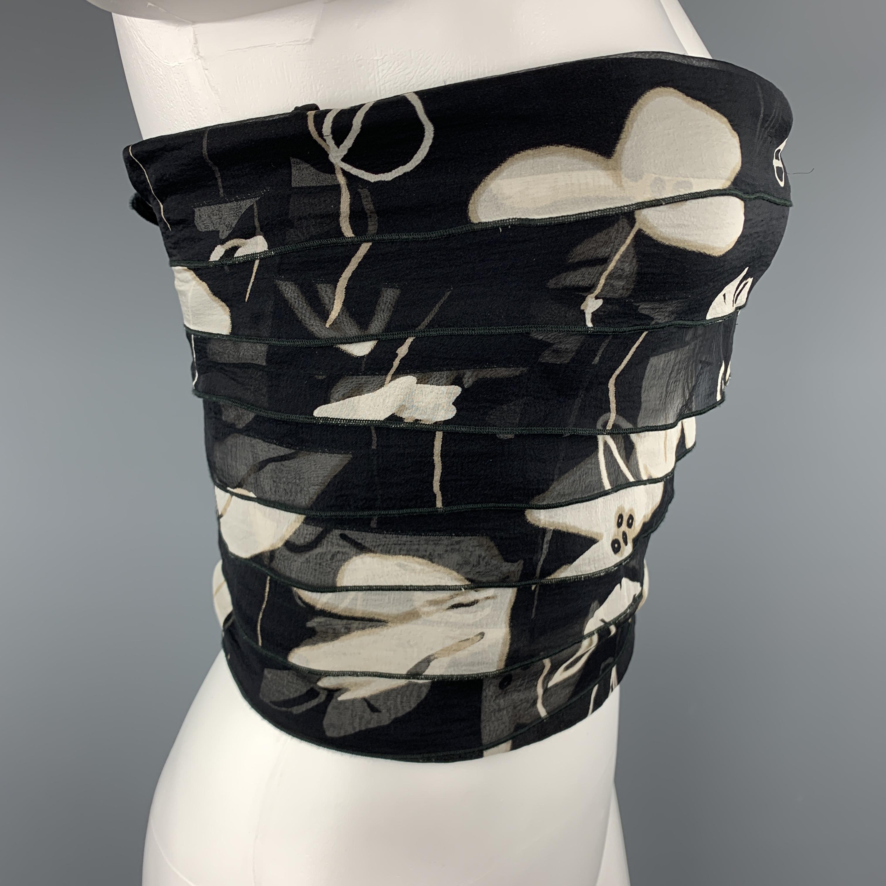 Women's ARMANI COLLEZIONI Size 4 Black & Grey Floral Layered Silk Strapless Shell Top