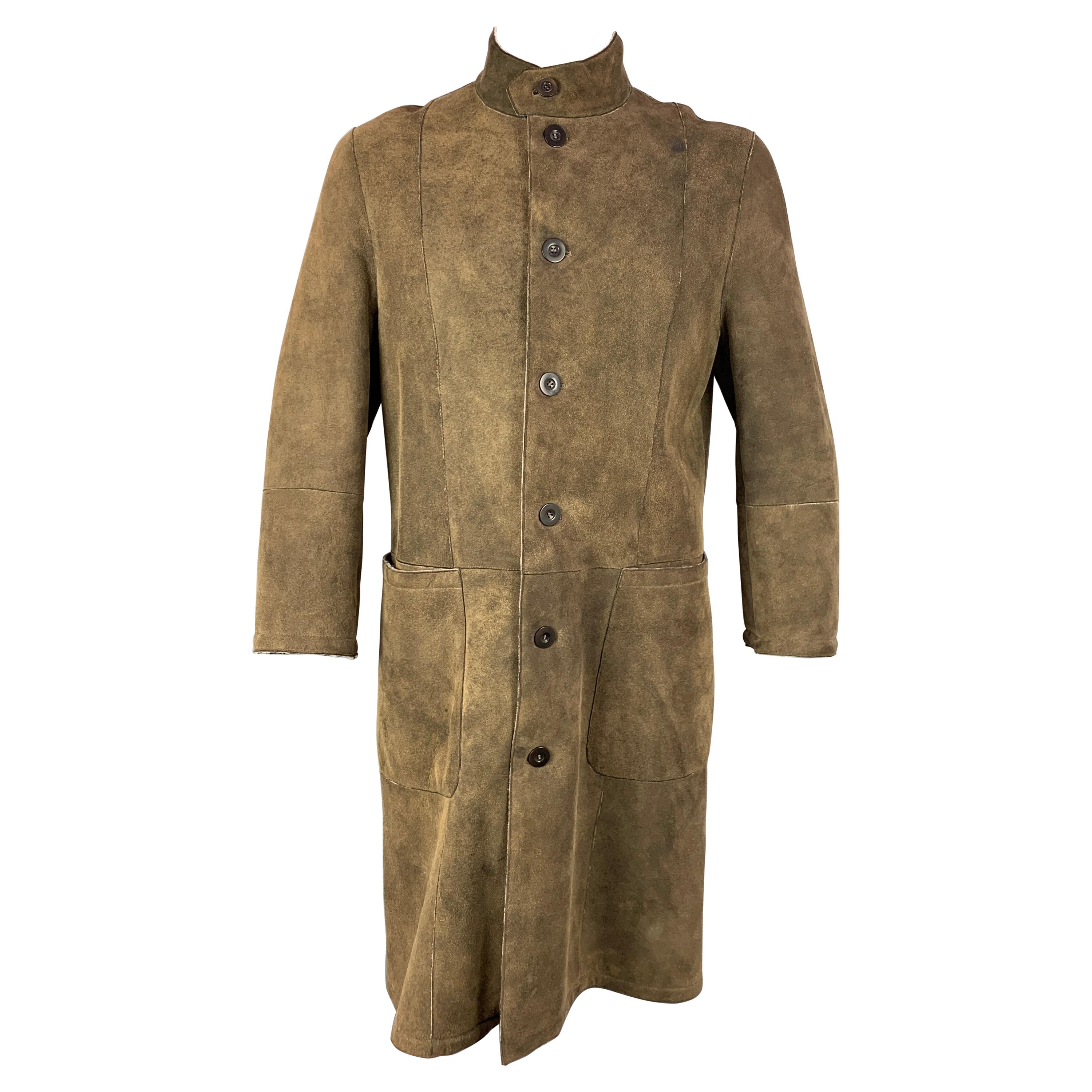 ARMANI COLLEZIONI Size 42 Olive Distressed Shearling Buttoned Coat