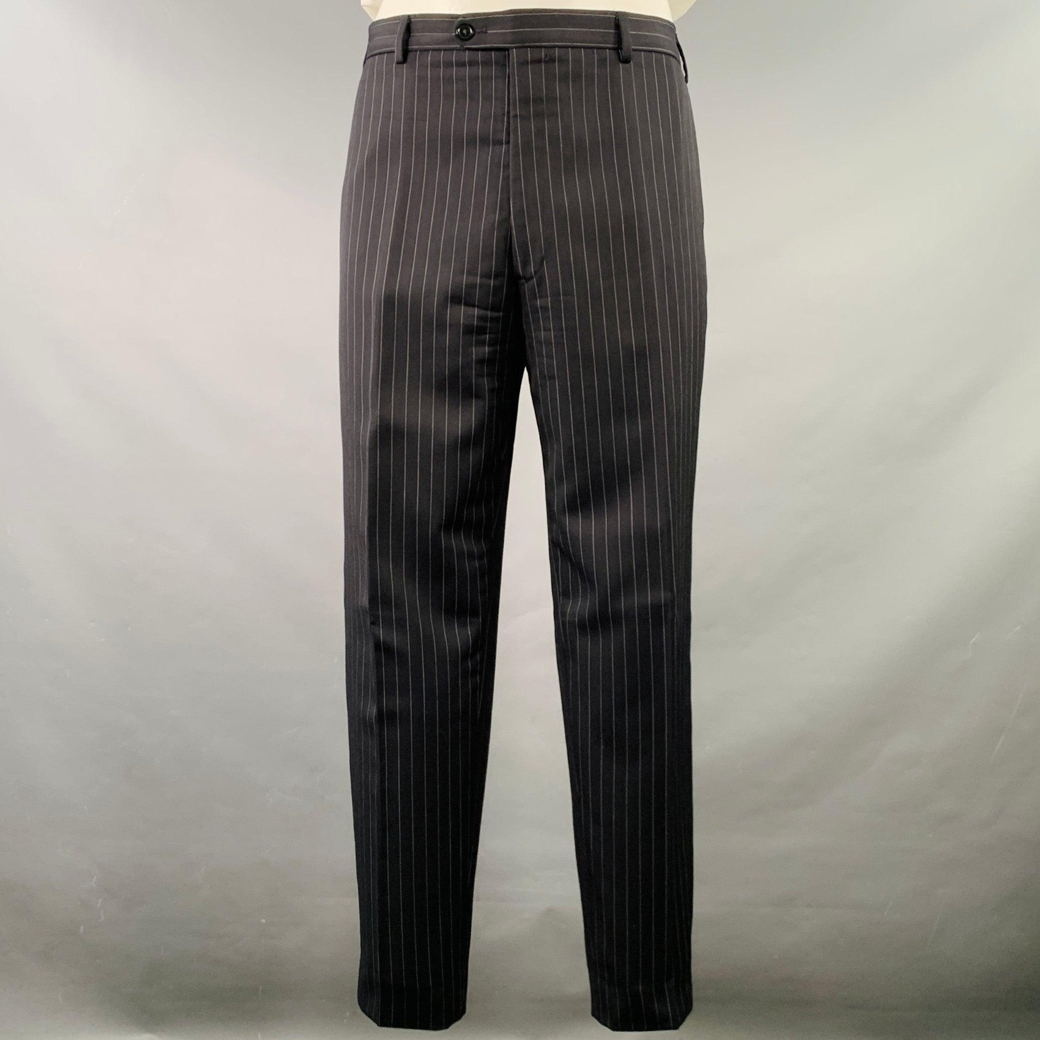 Men's ARMANI COLLEZIONI Size 44 Long Black White Pinstripe Wool Peak Lapel Suit For Sale