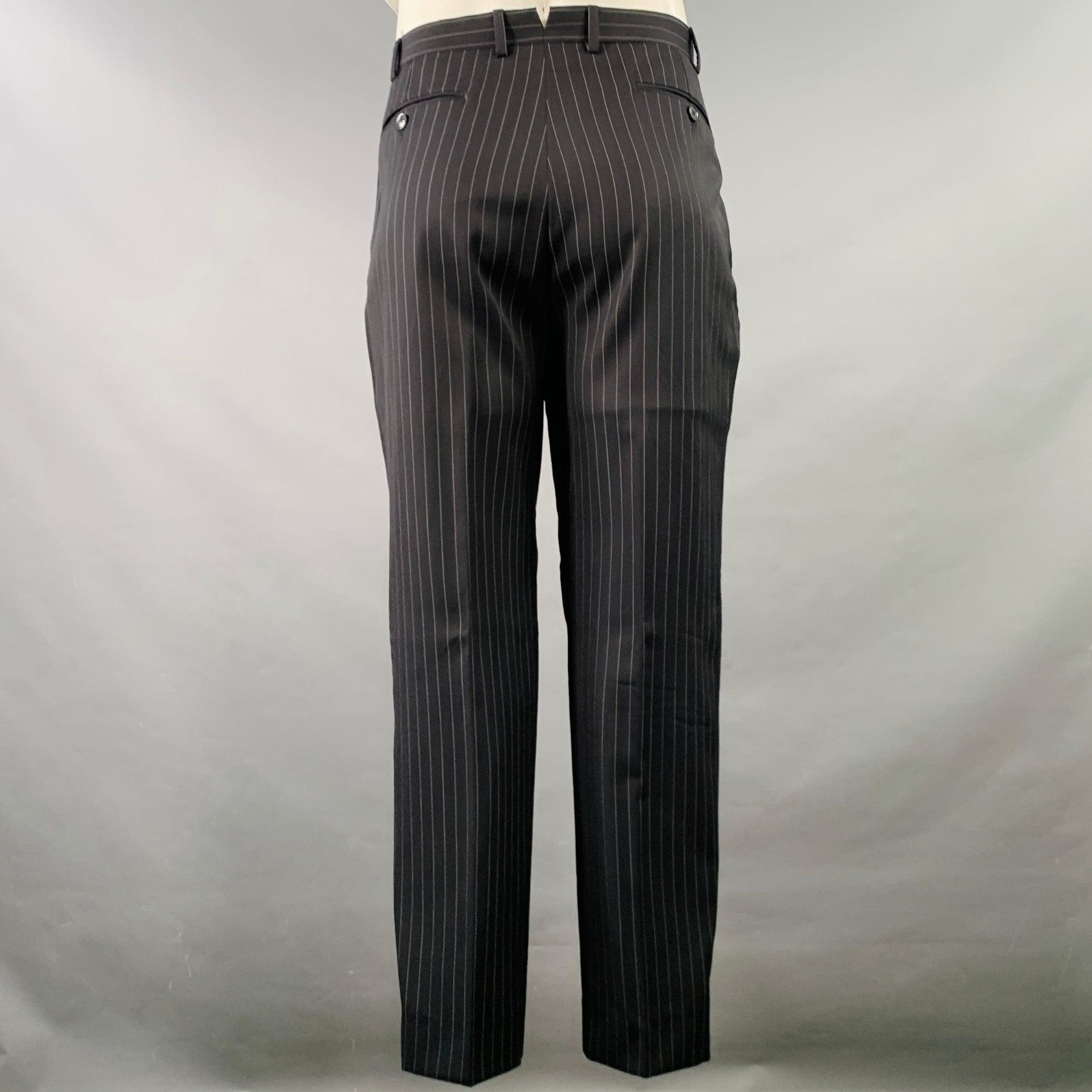 ARMANI COLLEZIONI Size 44 Long Black White Pinstripe Wool Peak Lapel Suit For Sale 1