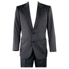 ARMANI COLLEZIONI Size 44 Long Black White Pinstripe Wool Peak Lapel Suit