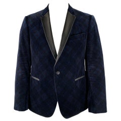 ARMANI COLLEZIONI taglia 48 Navy Black Plaid Velvet Tuxedo Sport Coat