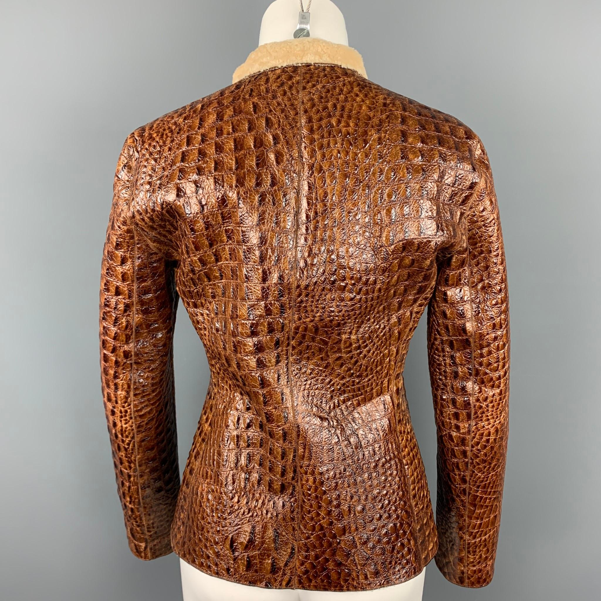 ARMANI COLLEZIONI Size 6 Brown Embossed Leather Jacket In Good Condition In San Francisco, CA