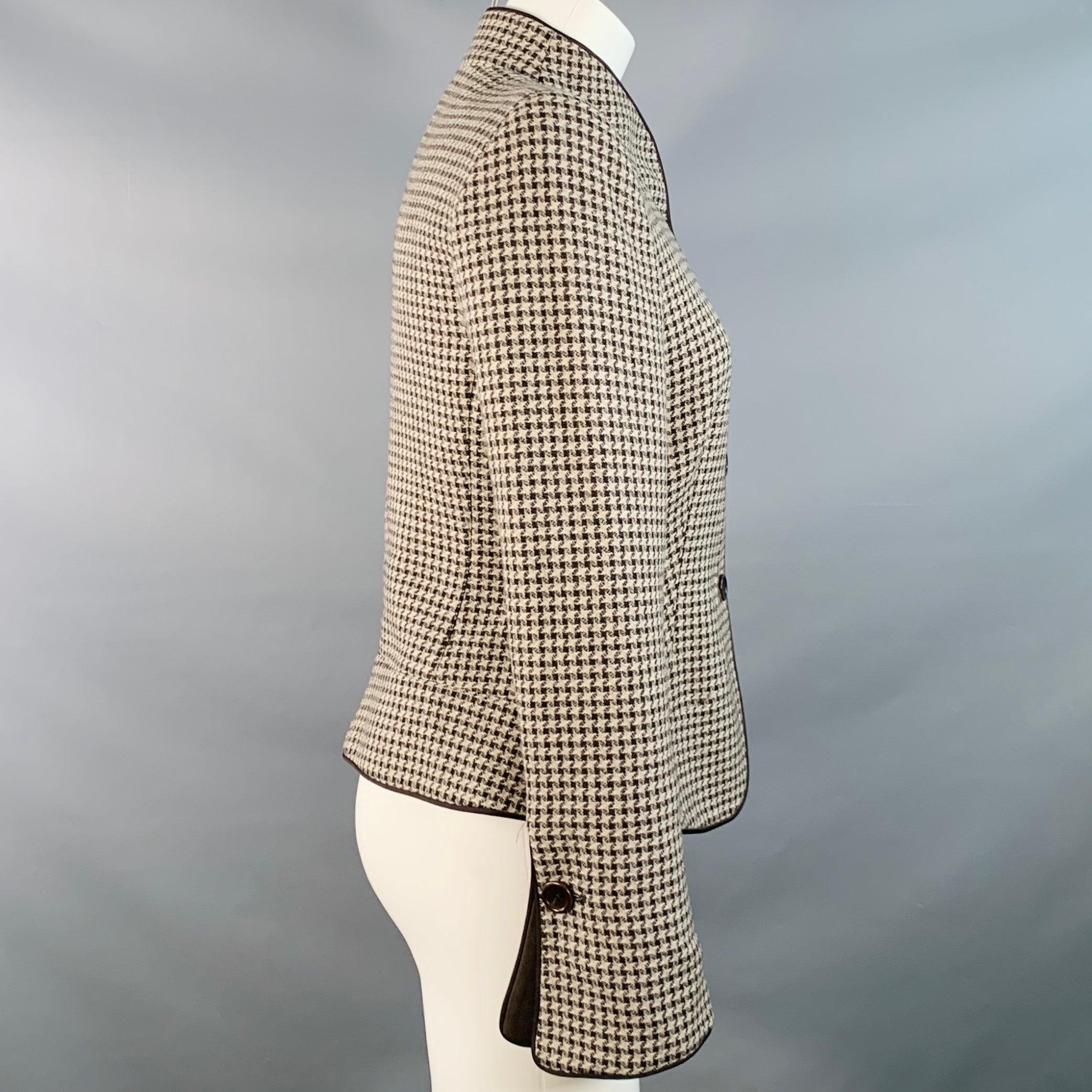 ARMANI COLLEZIONI Size 6 Brown Tan Wool Houndstooth Collarless Jacket Blazer Marrón en venta