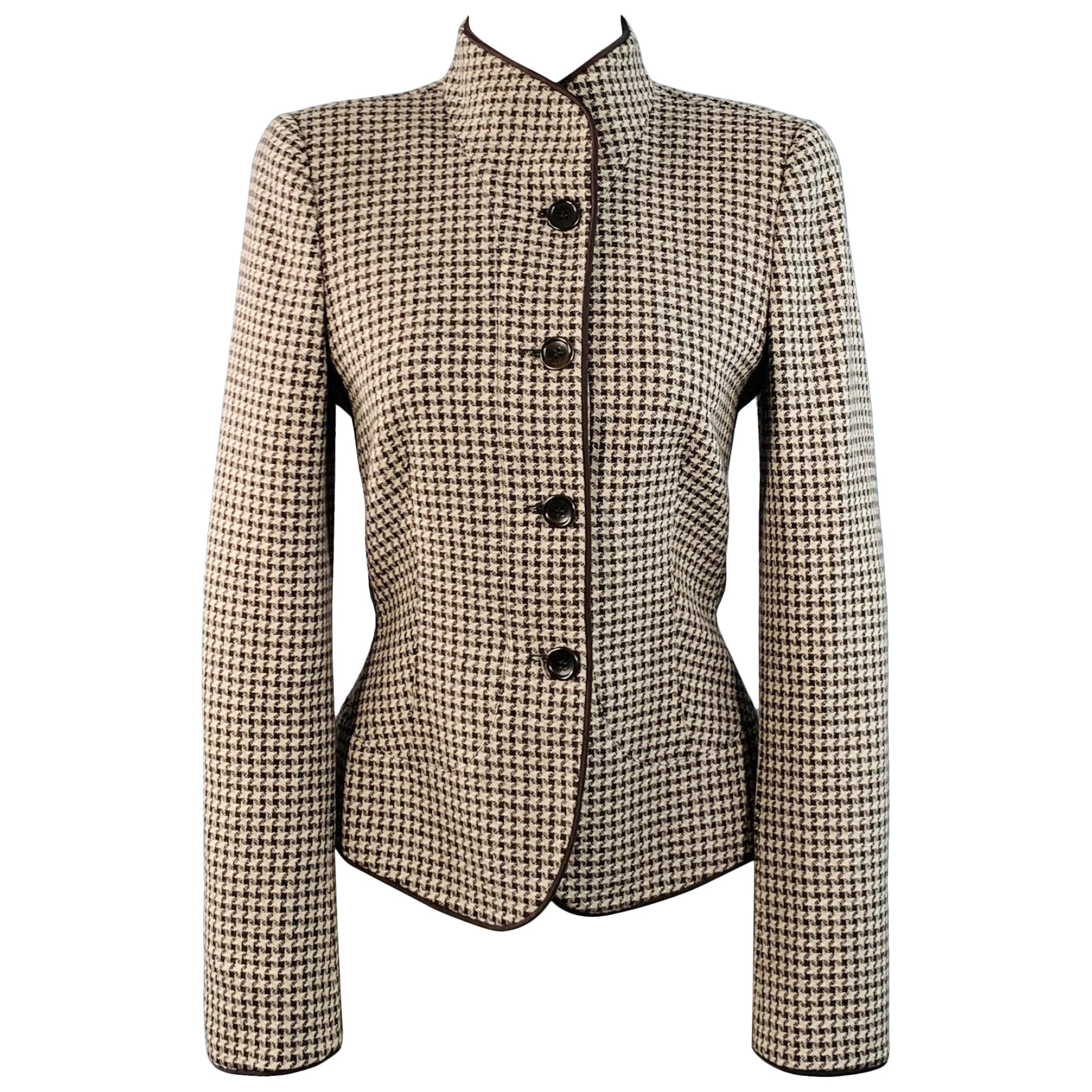ARMANI COLLEZIONI Size 6 Brown Tan Wool Houndstooth Collarless Jacket Blazer en venta