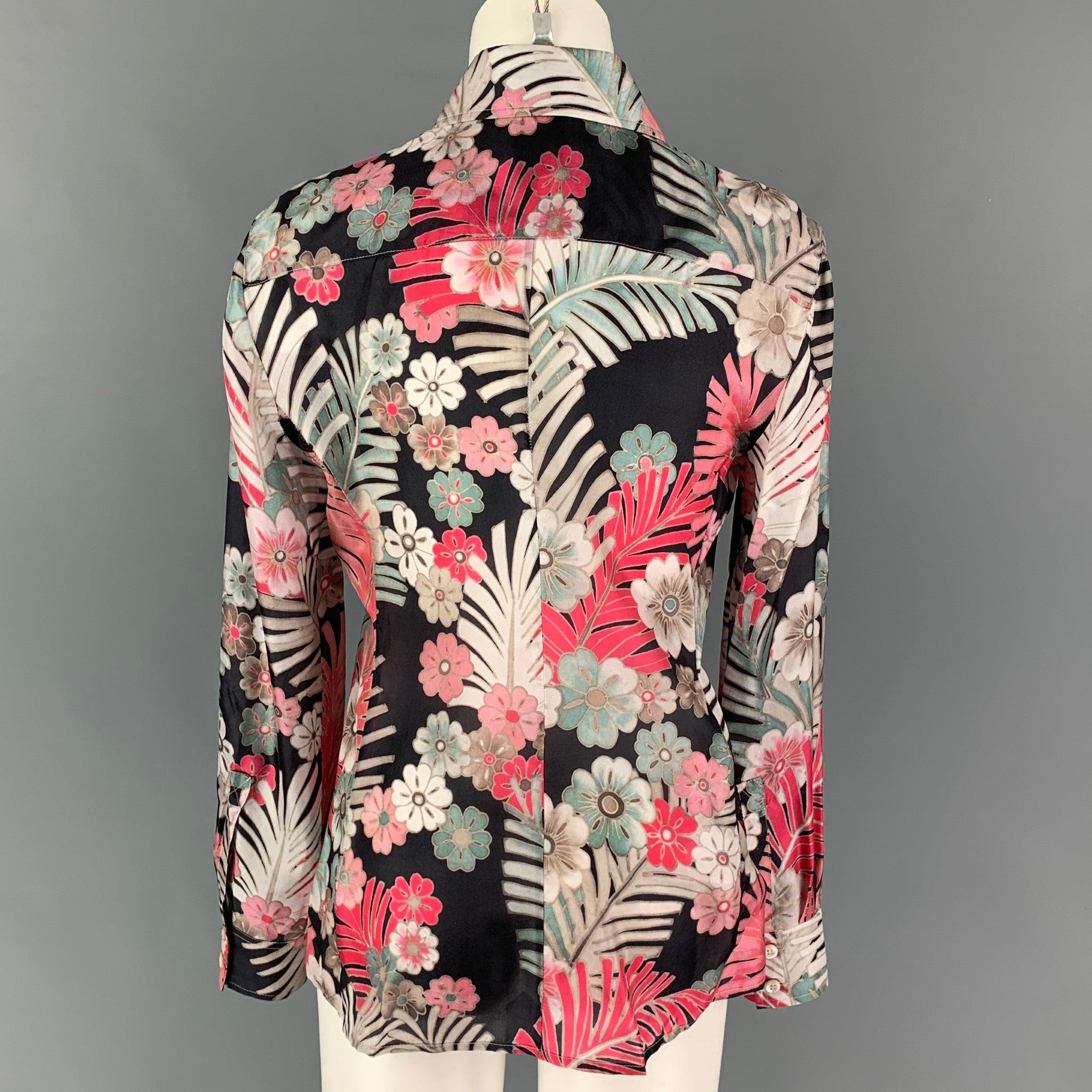 Brown ARMANI COLLEZIONI Size 6 Multi-Color Silk Floral Long Sleeve Casual Top For Sale