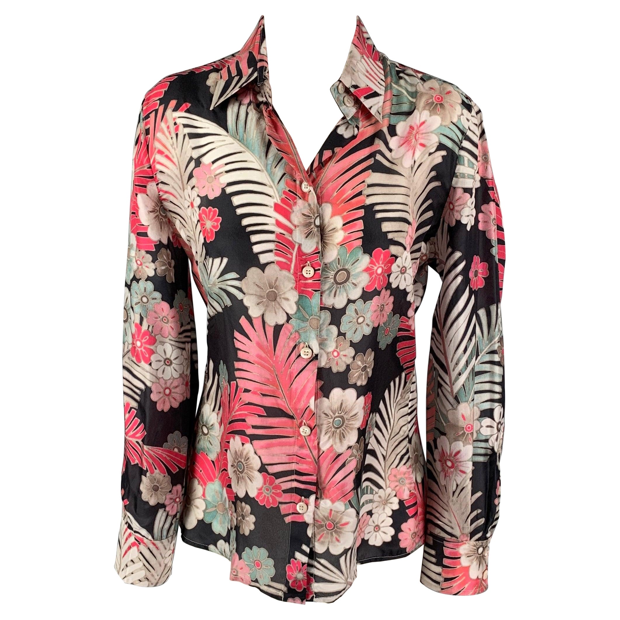 ARMANI COLLEzioni - Haut décontracté à manches longues en soie multicolore à fleurs, taille 6 en vente