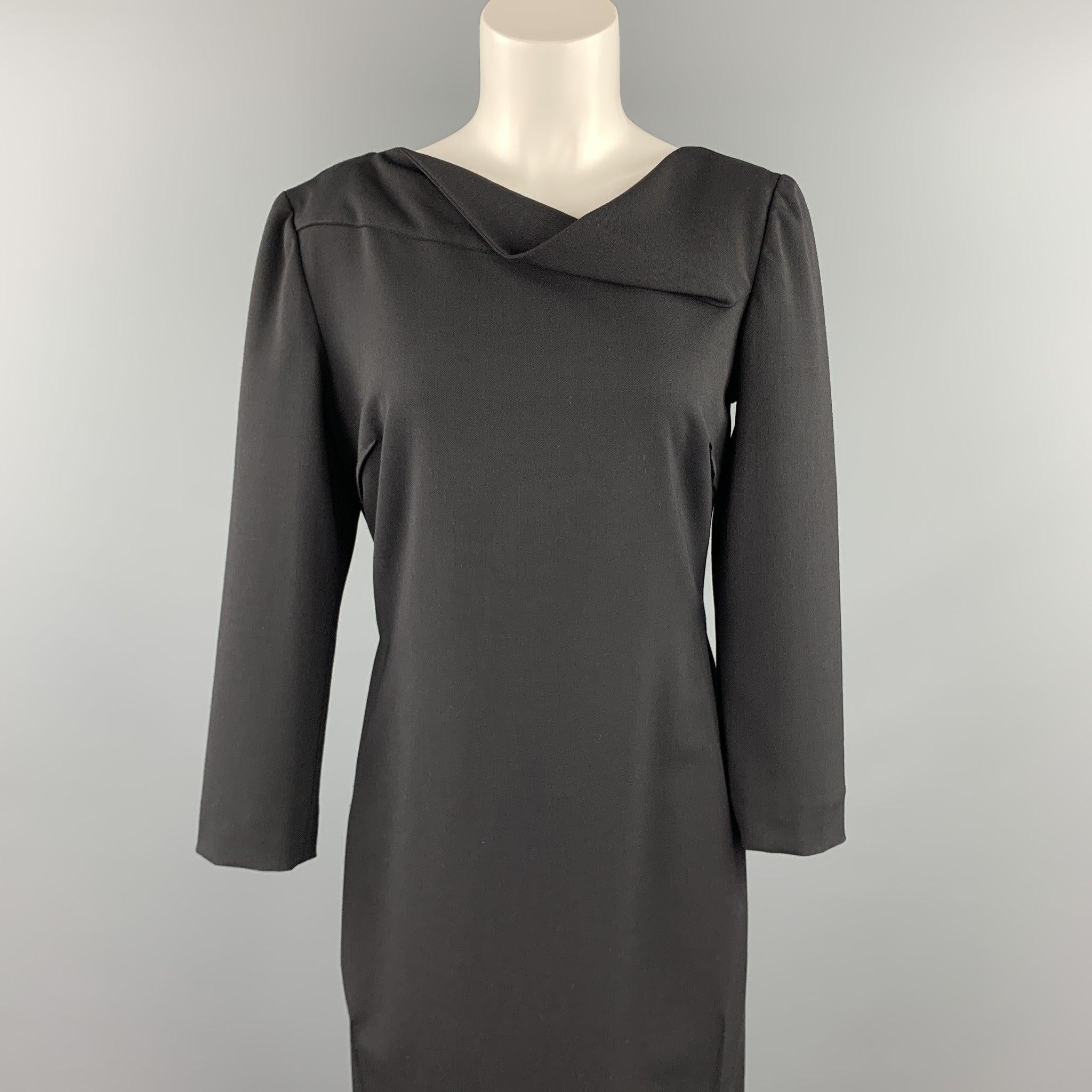 ARMANI COLLEZIONI dress comes in a black wool blend featuring a shift style, 3/4 sleeves, pleated details, and a back zip up closure. Made in Romania.New With Tags. 

Marked:  8 

Measurements: 
 
Shoulder: 16 inches 
Bust: 34 inches 
Waist: 32