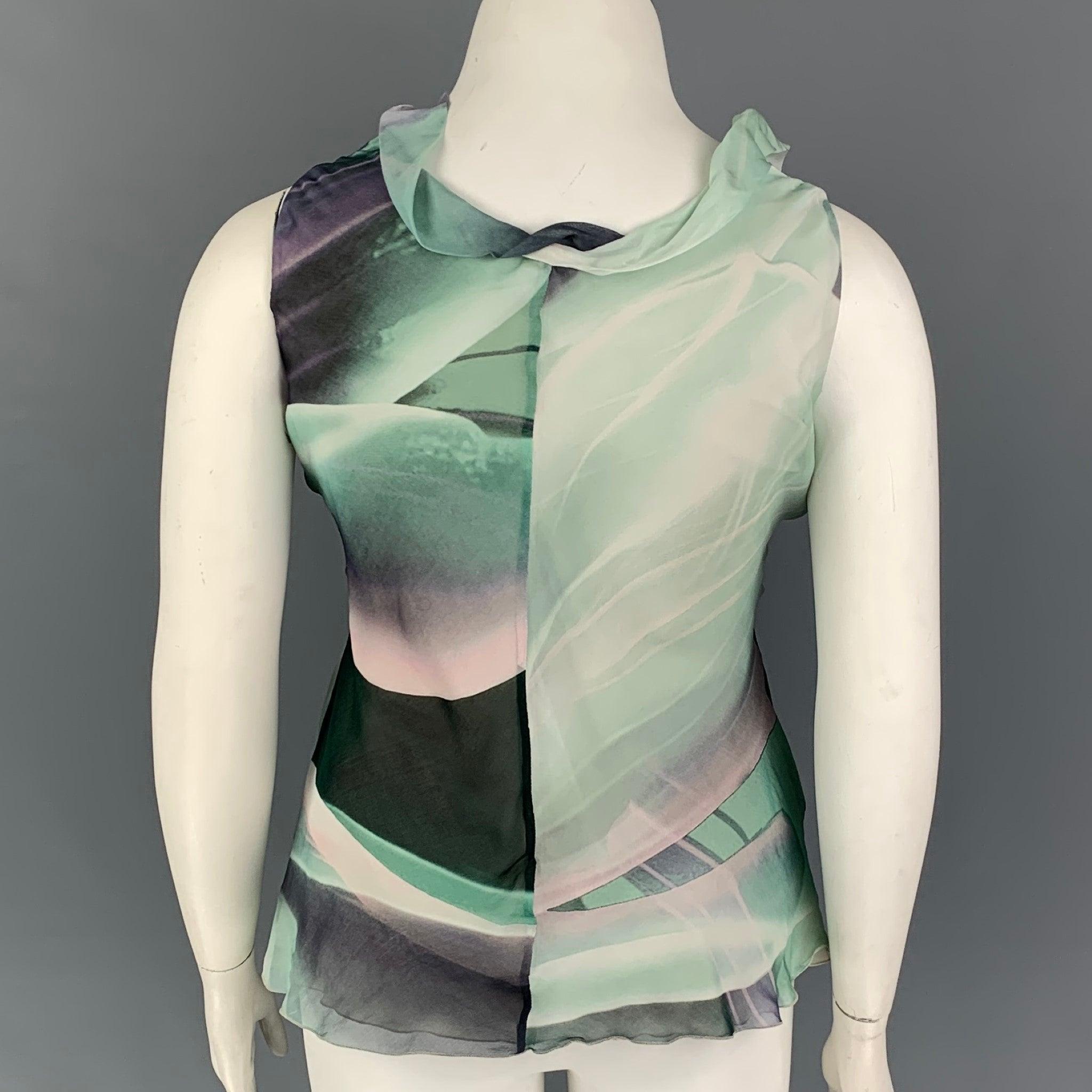 Gray ARMANI COLLEZIONI Size 8 Green Purple Silk Marbled Ruffle Top For Sale