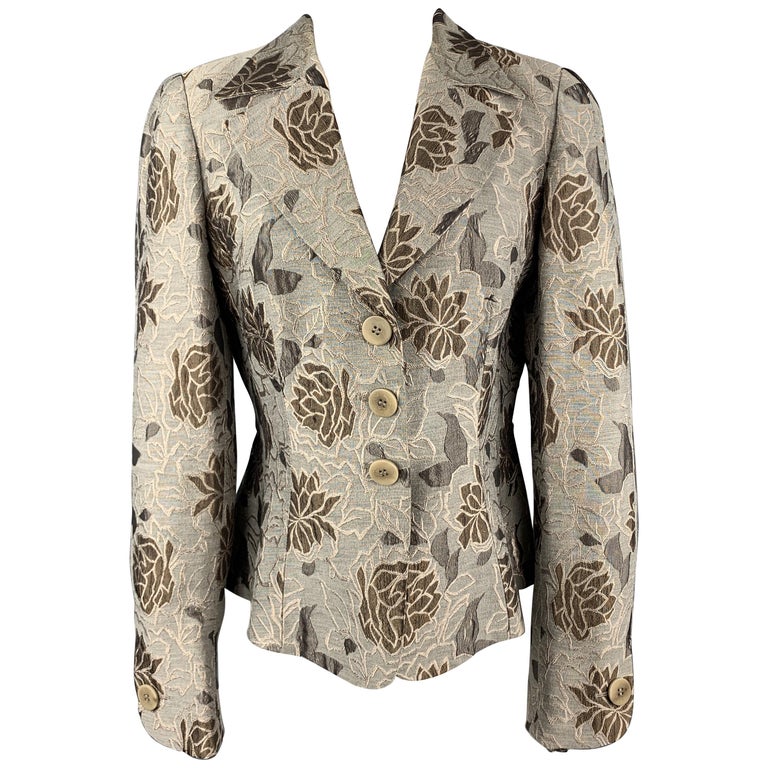 ARMANI COLLEZIONI Size 8 Grey and Taupe Floral Print Bell Sleeve Blazer ...