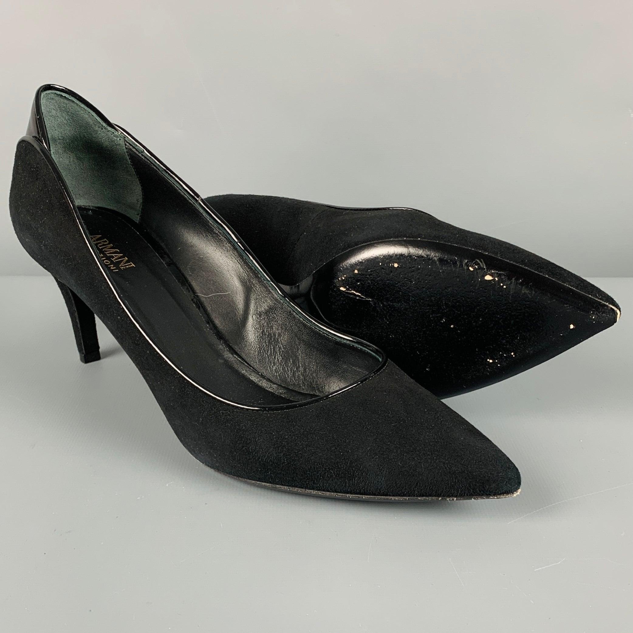 ARMANI COLLEZIONI Size 9.5 Black Suede Patent Leather Classic Pumps For Sale 1