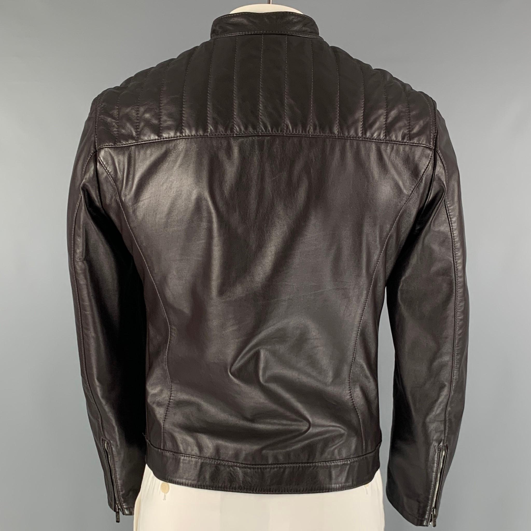 Black ARMANI COLLEZIONI Size L Brown Leather Motorcycle Jacket
