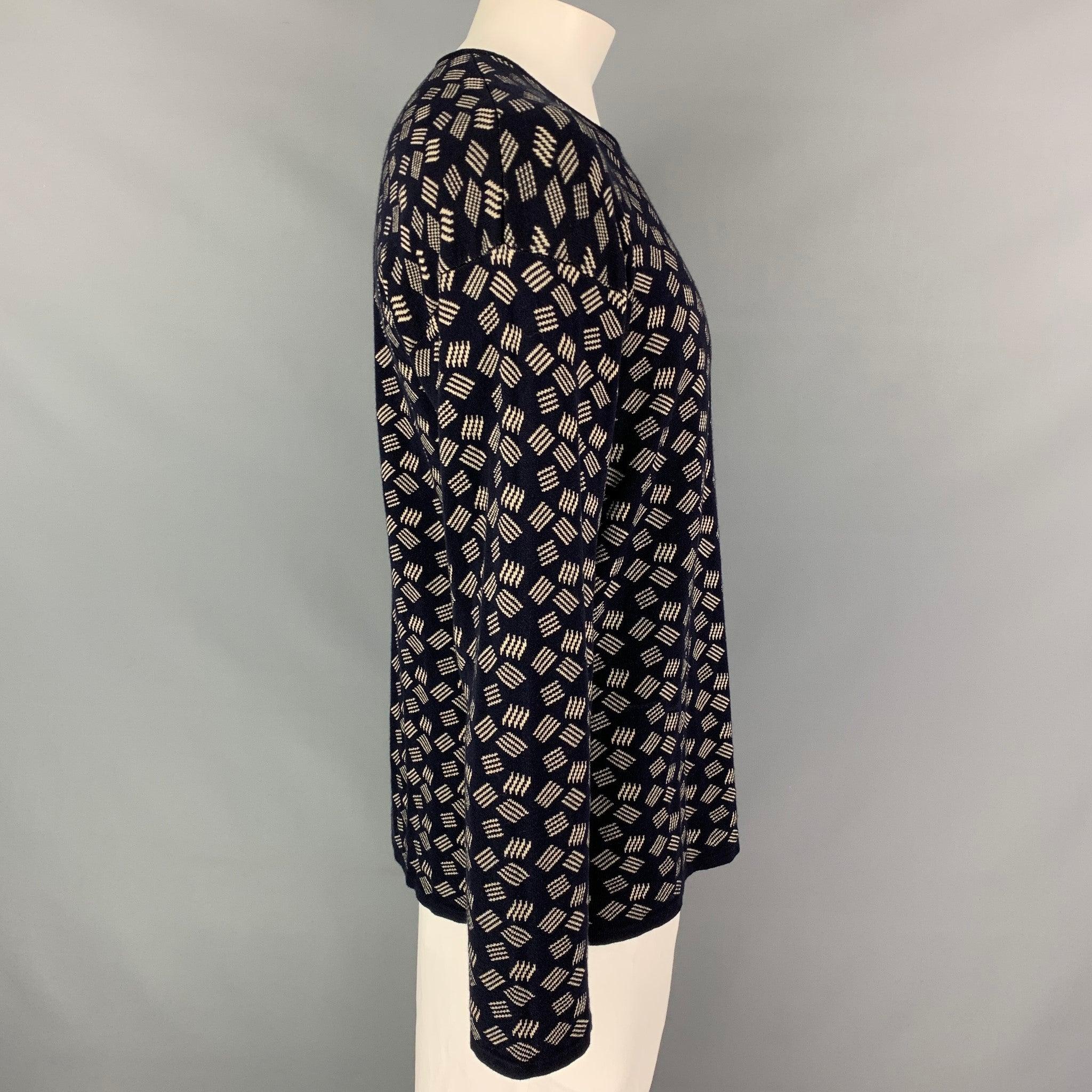 Black ARMANI COLLEZIONI Size L Navy Ivory Knit Cotton Blend Crew Neck Pullover For Sale
