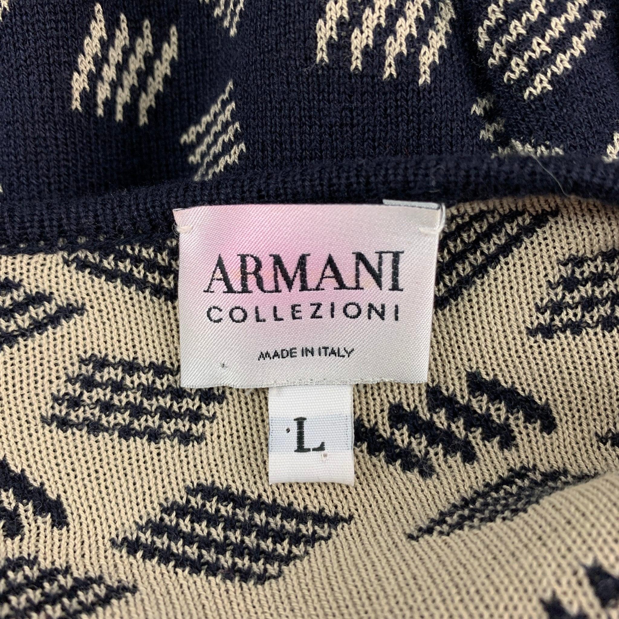 ARMANI COLLEZIONI Size L Navy Ivory Knitted Cotton / Rayon Crew-Neck Pullover 2