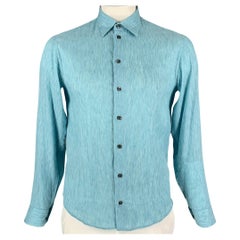 ARMANI COLLEZIONI Size M Aqua & White Pinstripe Linen / Cotton Long Sleeve Shirt