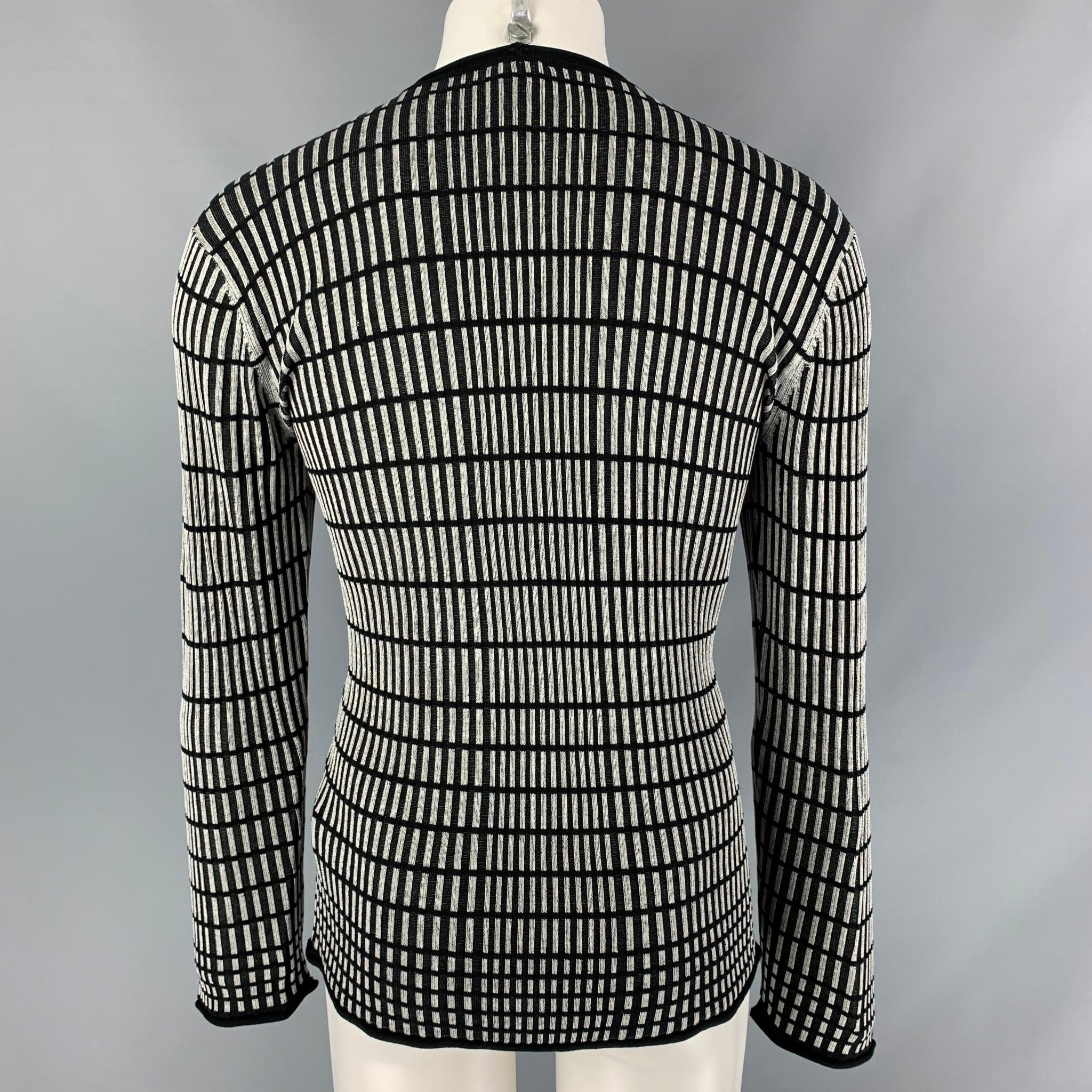 Men's ARMANI COLLEZIONI Size M Black Stripe Silk Raw-Neck Grey Pullover