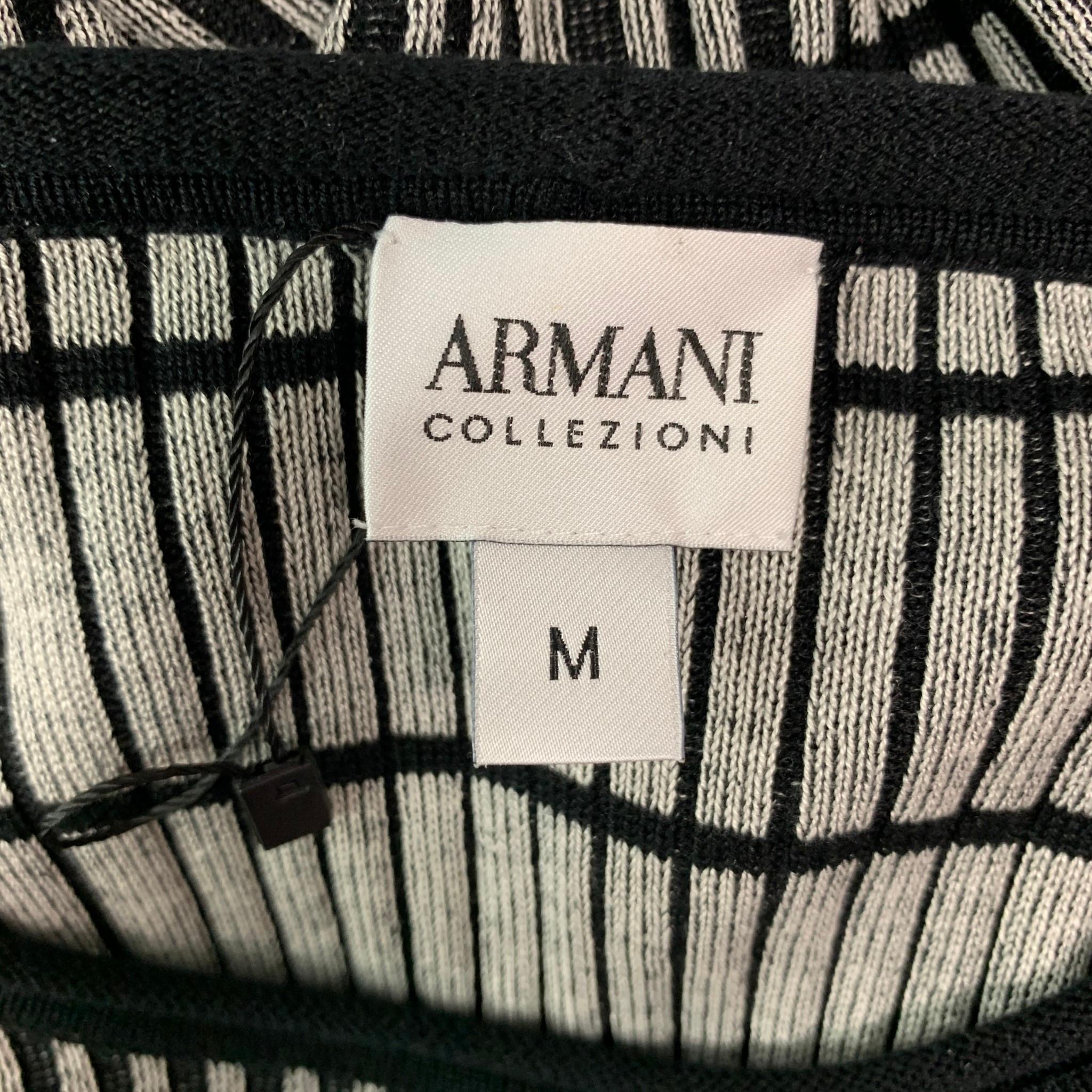ARMANI COLLEZIONI Size M Black Stripe Silk Raw-Neck Grey Pullover 1