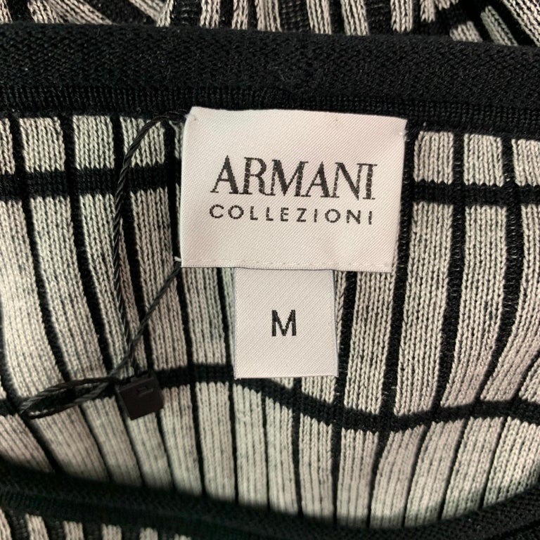 ARMANI COLLEZIONI Size M Black Stripe Silk Raw-Neck Grey Pullover For Sale 1