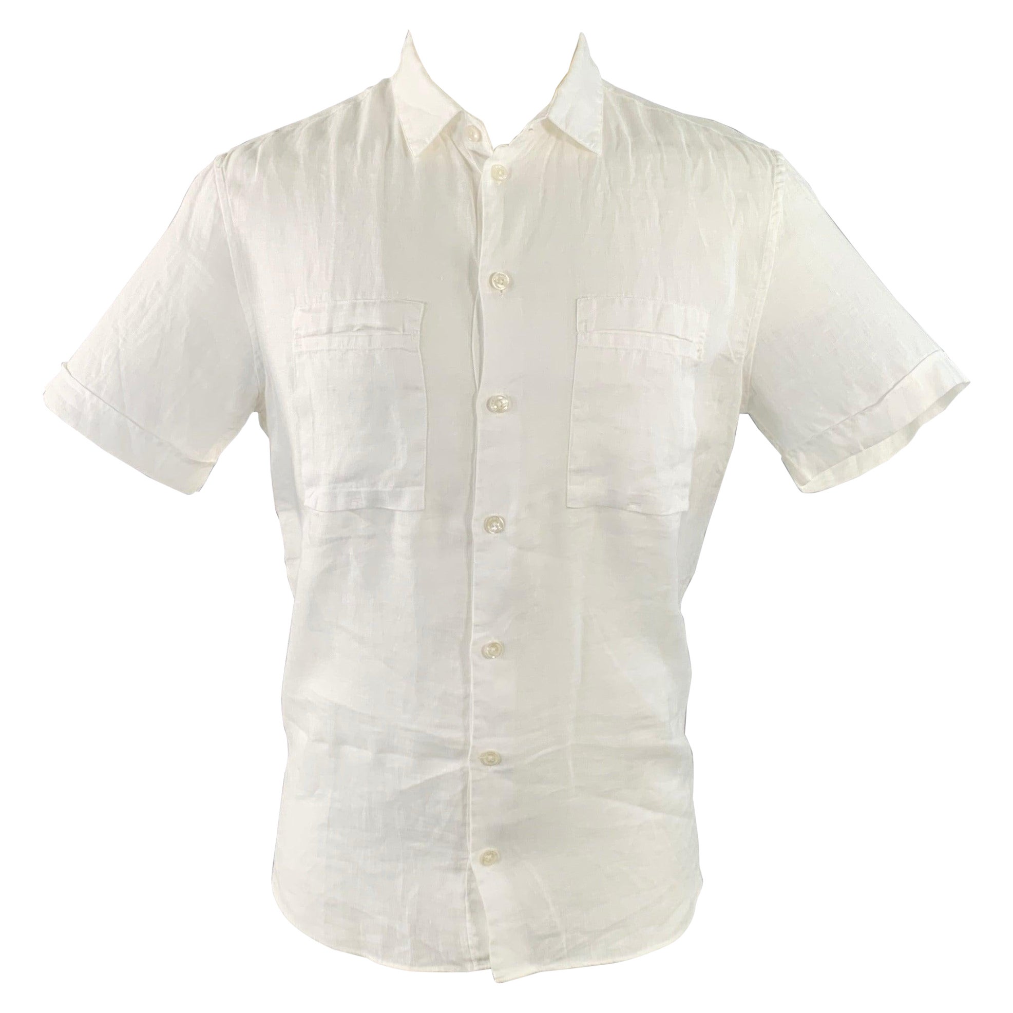 ARMANI COLLEZIONI Size M White Linen Two Pockets Short Sleeve Shirt