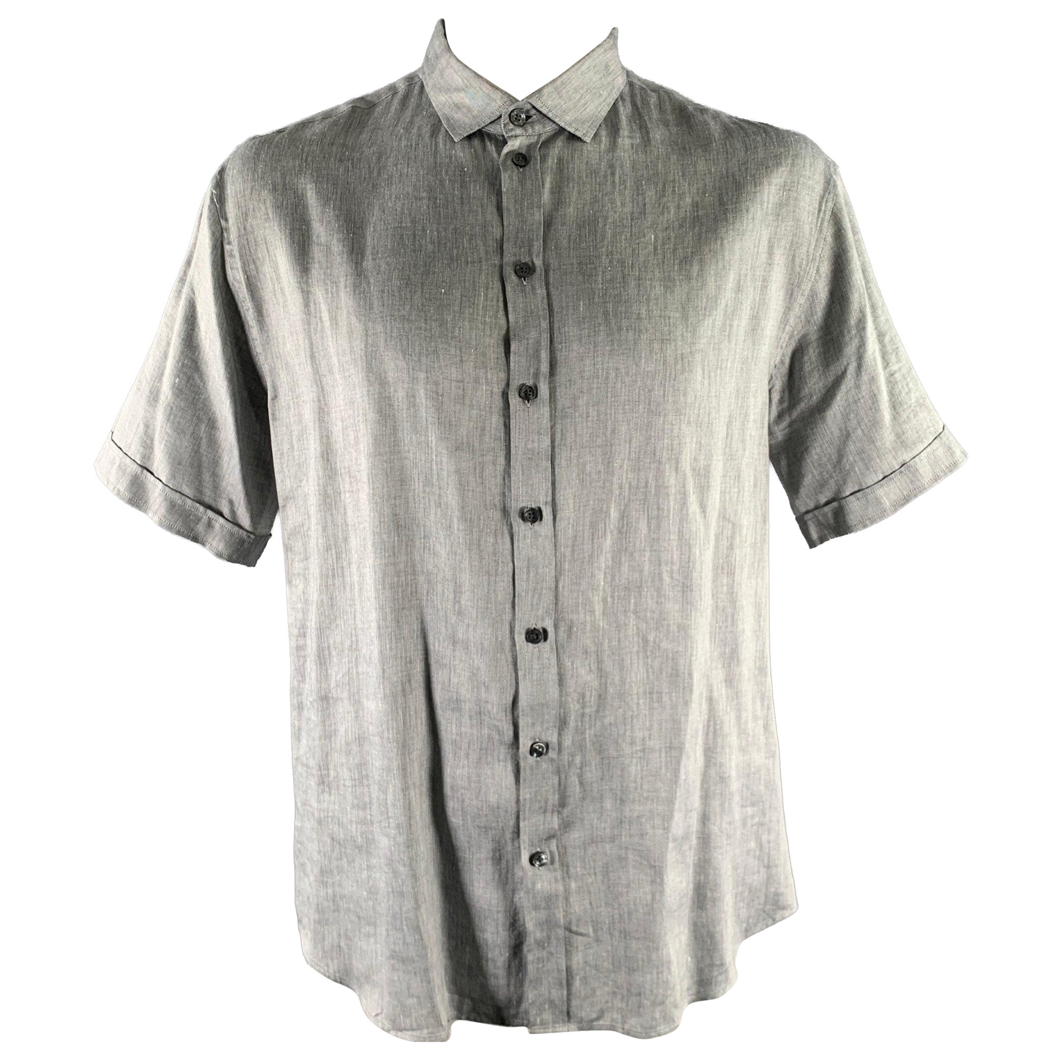 ARMANI COLLEZIONI Taglia XXL Camicia grigia a maniche corte in Chambray