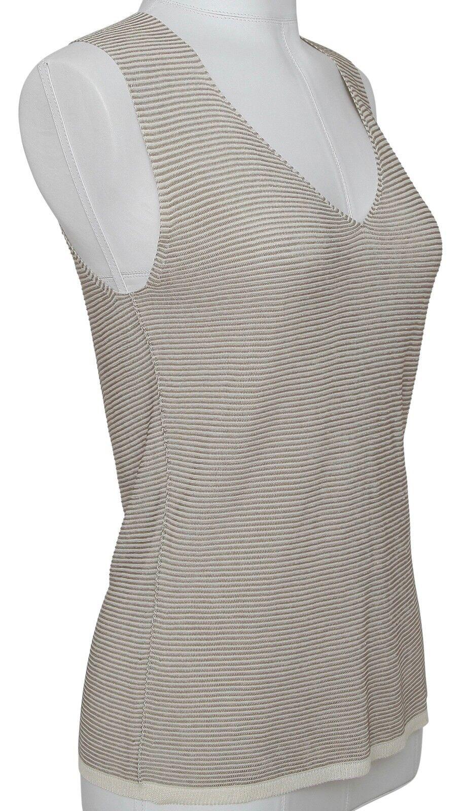 GUARANTEED AUTHENTIC ARMANI COLLEZIONI V-NECK SLEEVELESS TOP


Design:
 - Classic sleeveless textured stripe pattern in brown and tan.
 - V-neckline, slip on.
 - Lightweight, great neutral color.

Material: 100% Viscose

Size: 42

Measurements