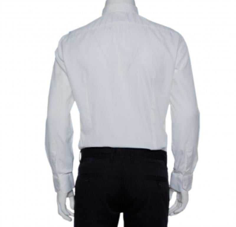 Gray Armani Collezioni White Cotton & Silk Stand Collar Tuxedo Shirt L For Sale
