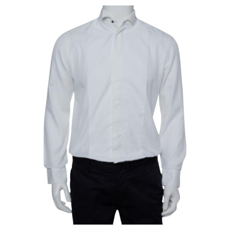 Armani Collezioni White Cotton & Silk Stand Collar Tuxedo Shirt L For Sale