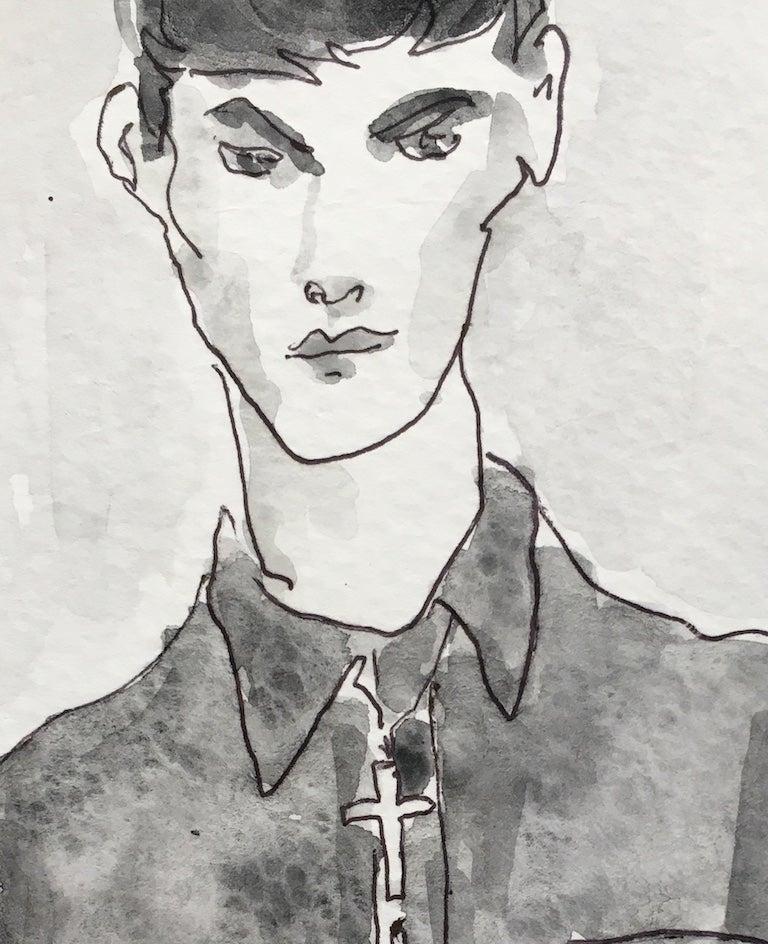 Armani Cross, Watercolor on Paper, 2019.
Dimensions: 8 in. H x 5.5 in. W
One of a kind watercolor in archival paper 
Signed and dated by the artist
Unframed

Manuel Santelices explores the world of fashion, society and pop culture through his
