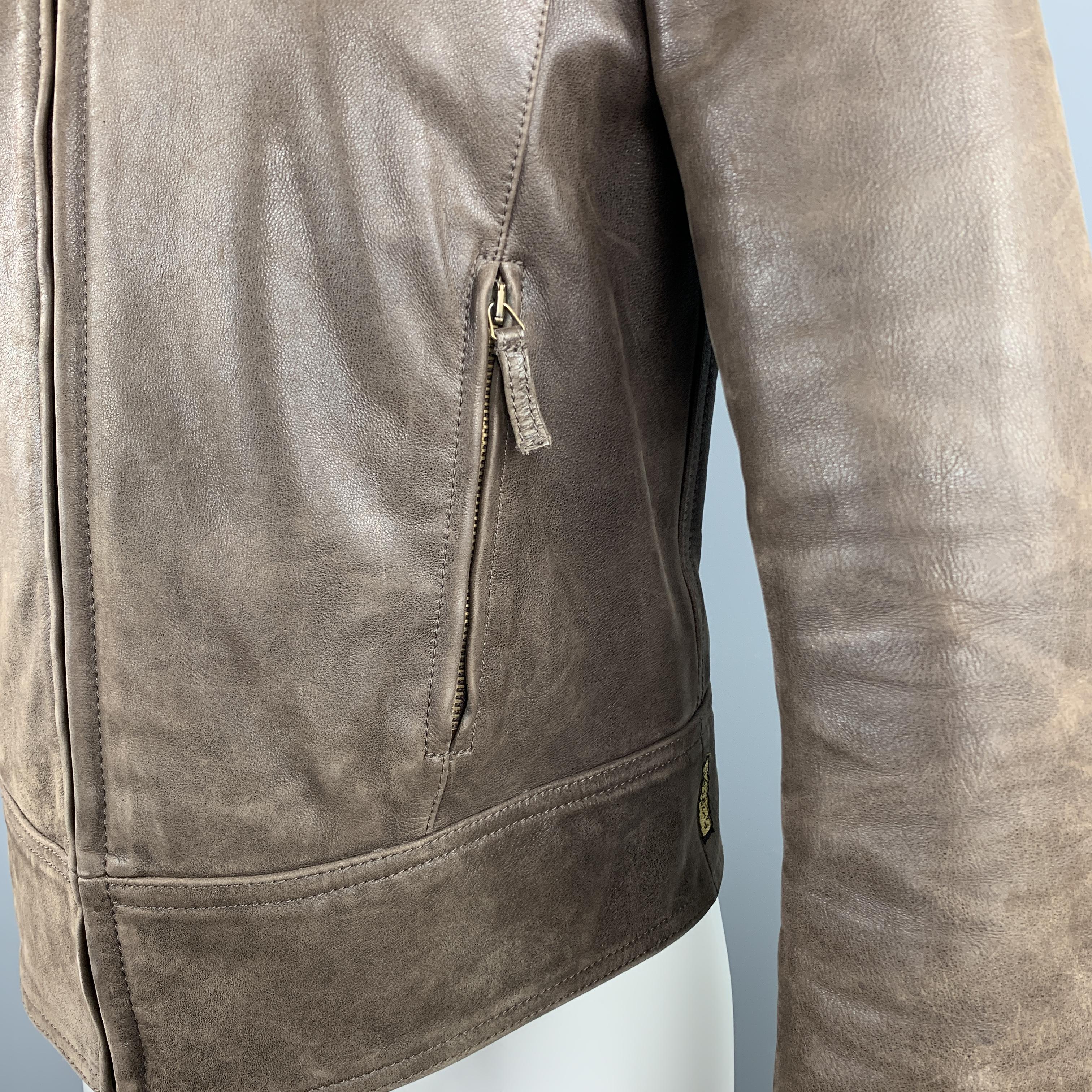 ARMANI JEANS Size S Brown Leather Zip Up Distressed Jacket In Excellent Condition In San Francisco, CA