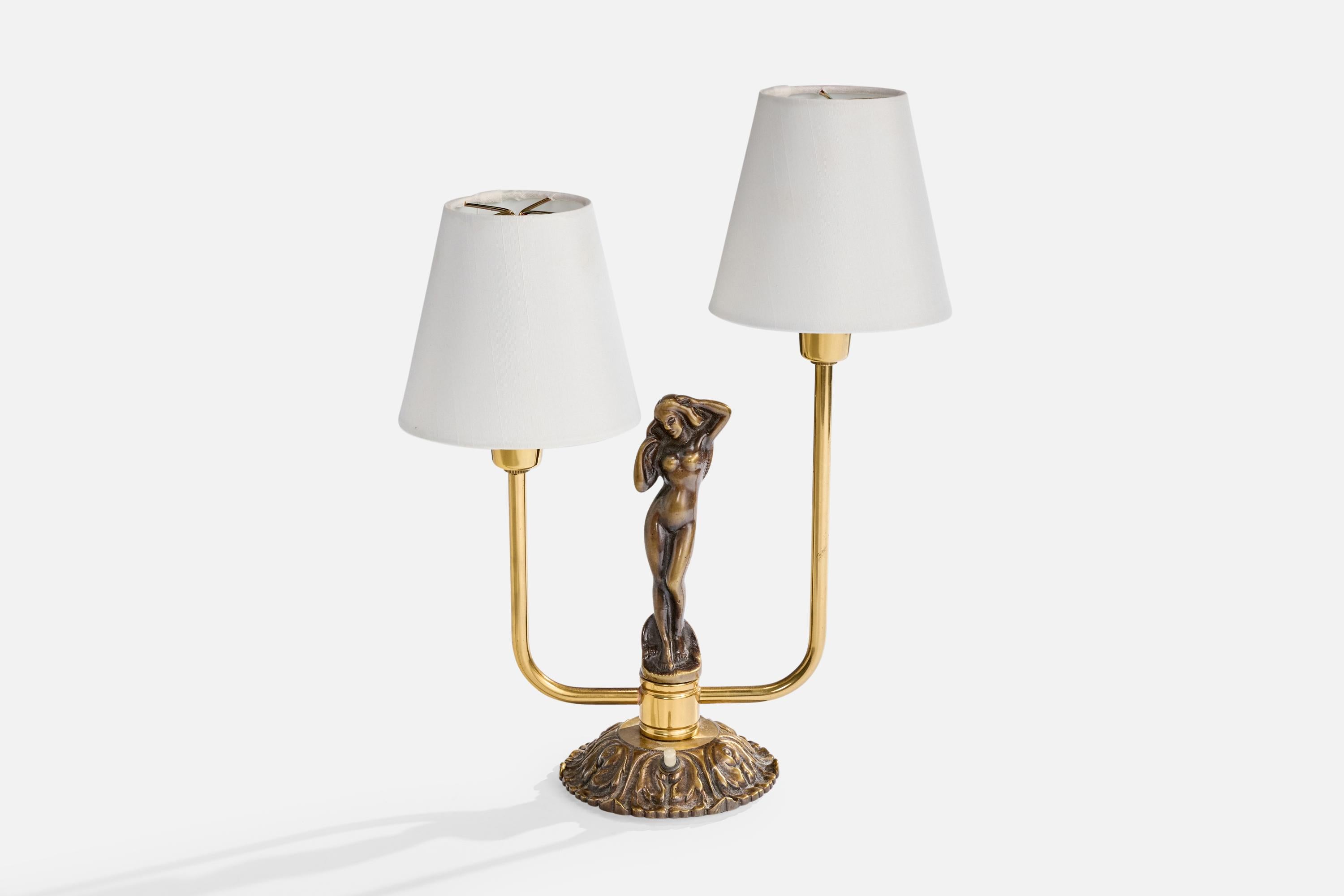Scandinavian Modern Armaturbolaget Malmö, Table Lamp, Brass, Fabric, Sweden, 1940s For Sale
