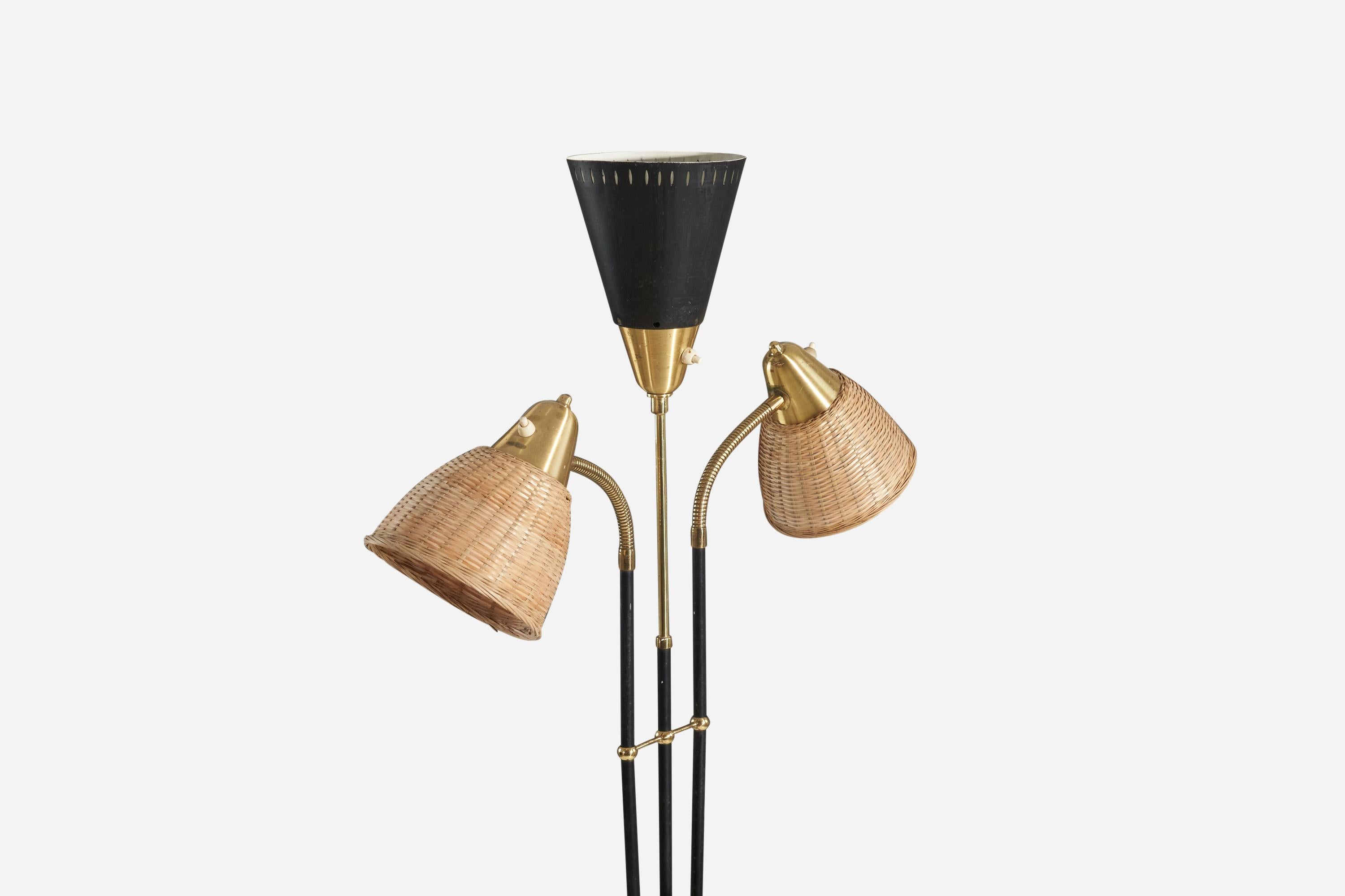 Swedish Armaturhantverk Göteborg, Floor Lamp, Metal, Rattan, Brass, Sweden, 1950s