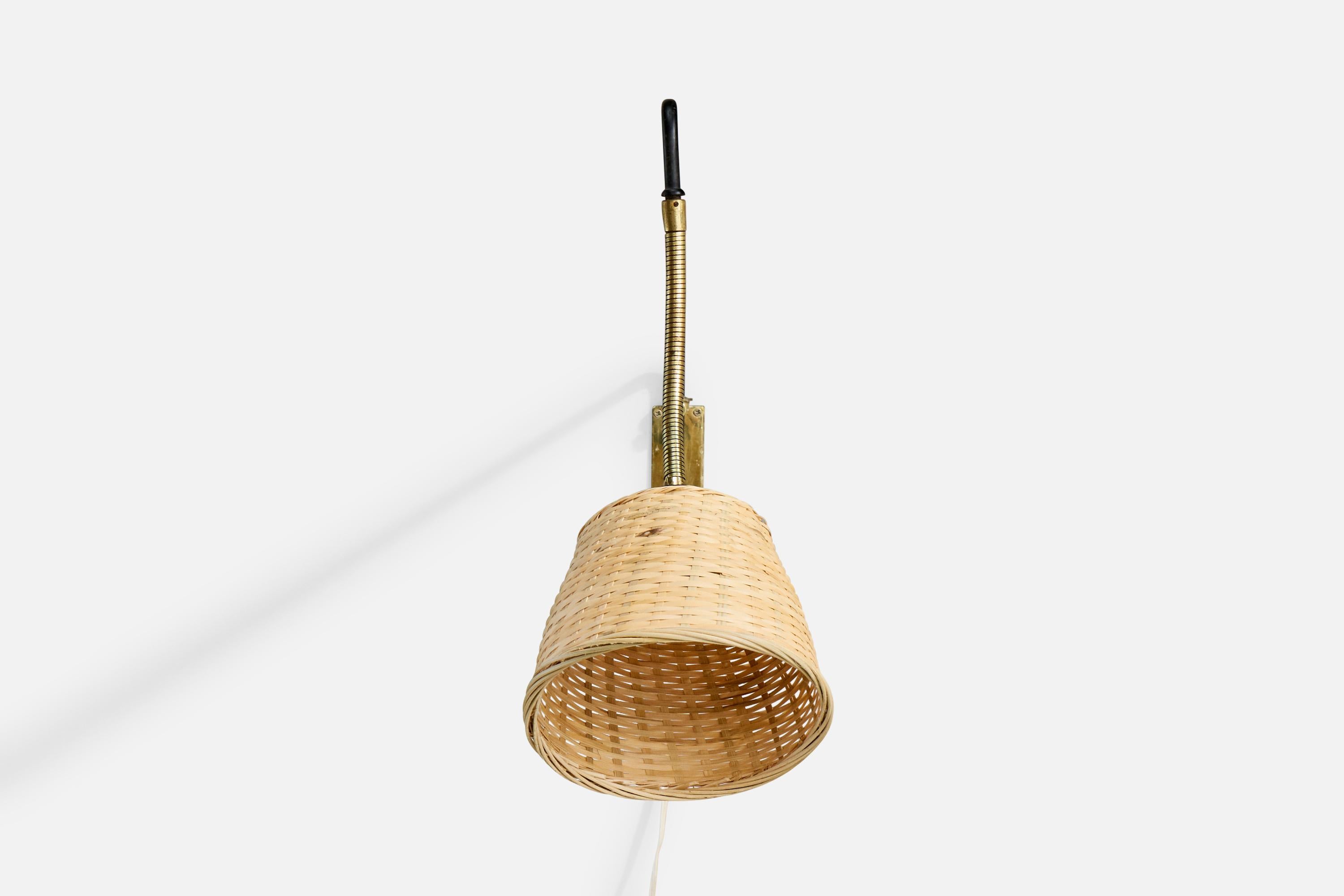 Scandinavian Modern Armaturhantverk Göteborg, Wall Light, Iron, Brass, Rattan, Sweden, 1940s For Sale