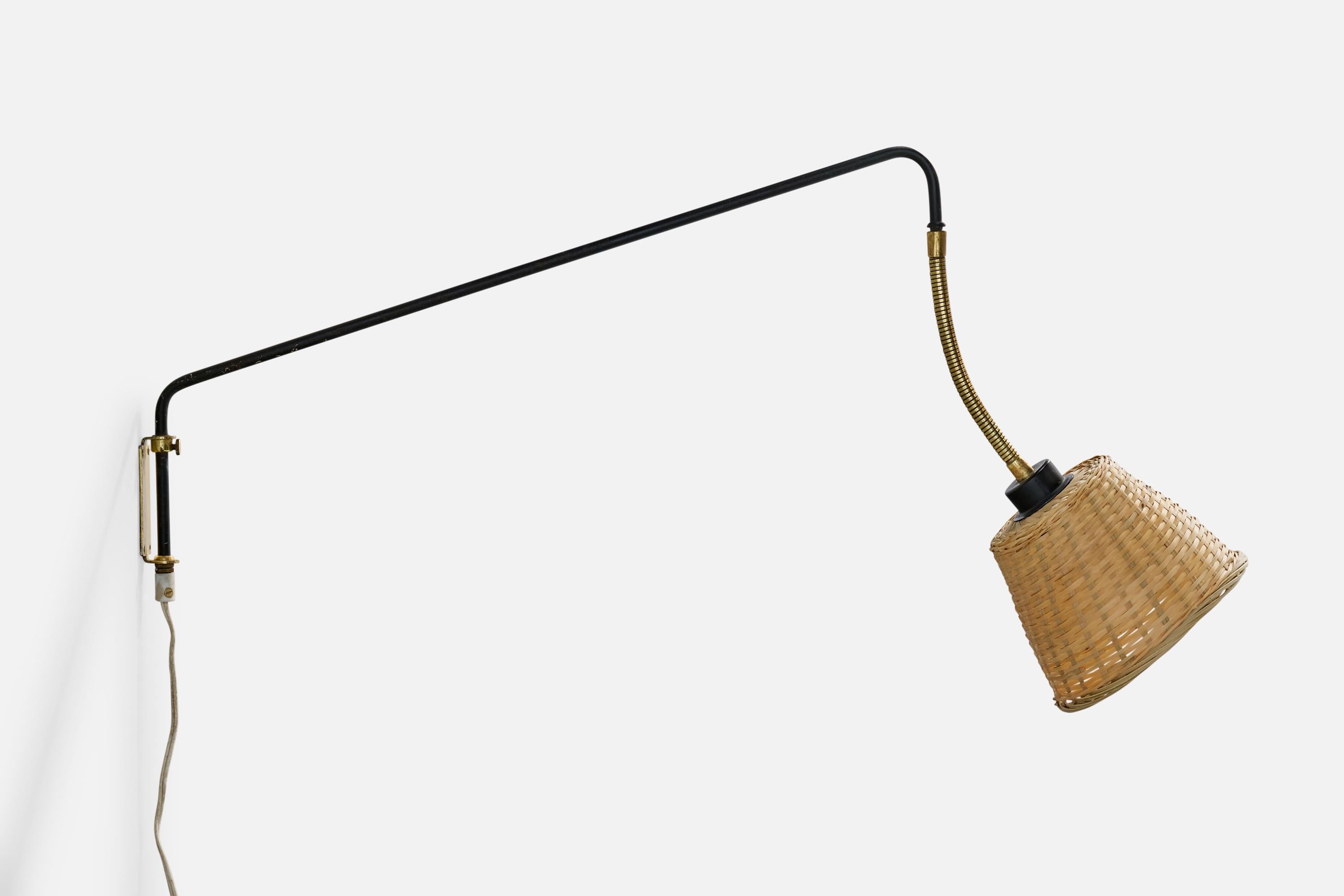 Swedish Armaturhantverk Göteborg, Wall Light, Iron, Brass, Rattan, Sweden, 1940s For Sale