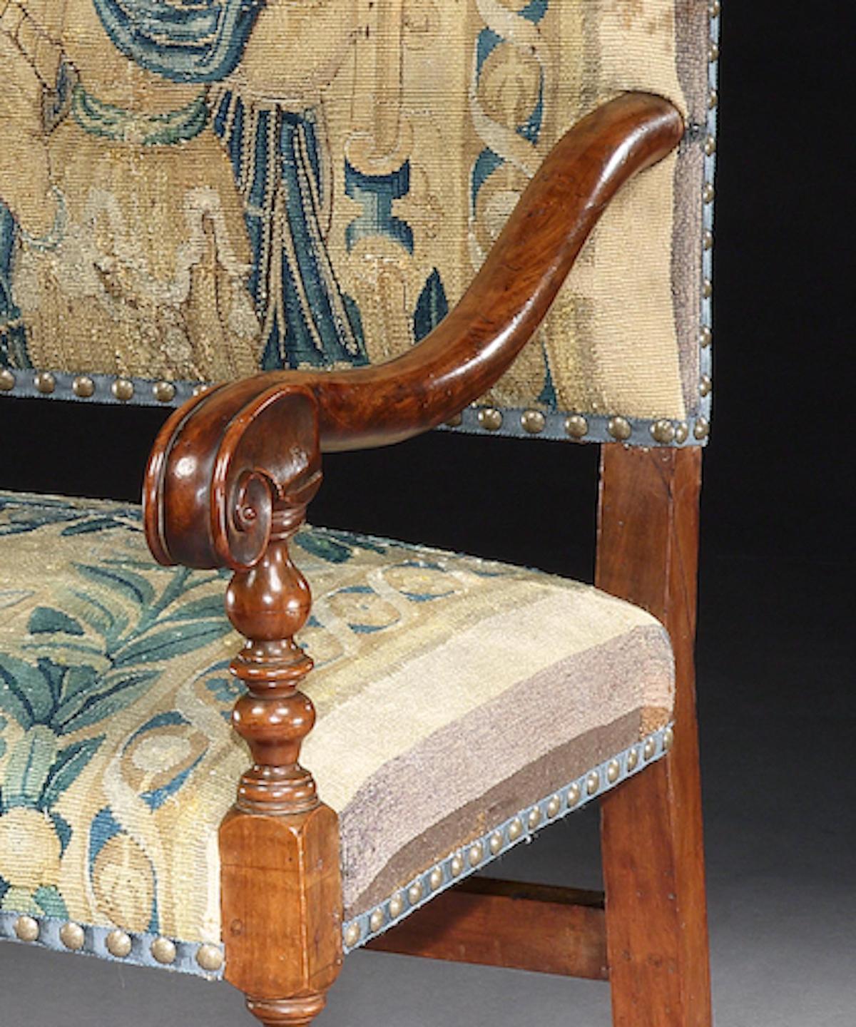Needlework Armchair, chair, 17th Century, Italian, Walnut, Scroll, Baroque, Tapestry For Sale