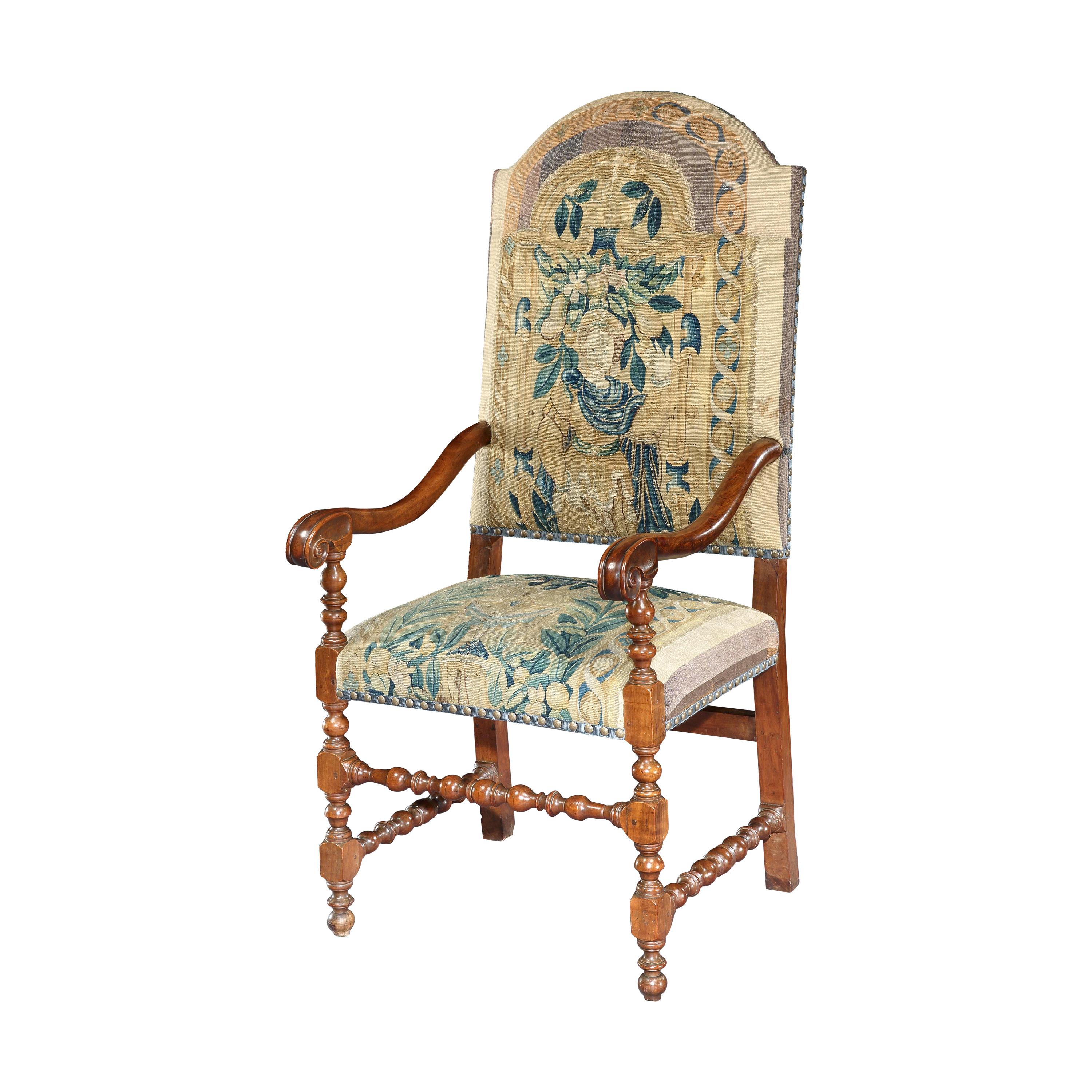 Armchair, chair, 17th Century, Italian, Walnut, Scroll, Baroque, Tapestry For Sale